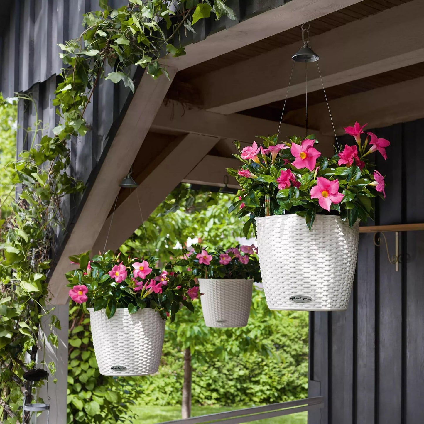 Lechuza Self Watering Hanging Plant Pots NIDO Cottage 28 Rattan Look Plastic Outdoor Indoor Planter with Drainage Hole D27 H23 cm White