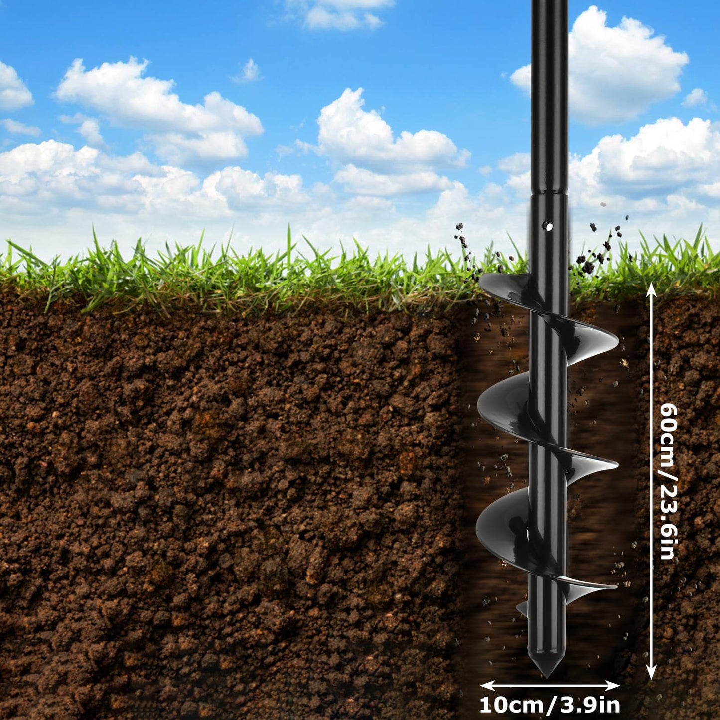 VIDETOL Fence Post Auger, 10X60cm Manual Auger Post Hole Digger with Non-Slip Handle, Adjustable Post Hole Auger for Gardening Planting, Bulb Planting, Umbrella Hole, Post Hole and Mixing Fertilizer