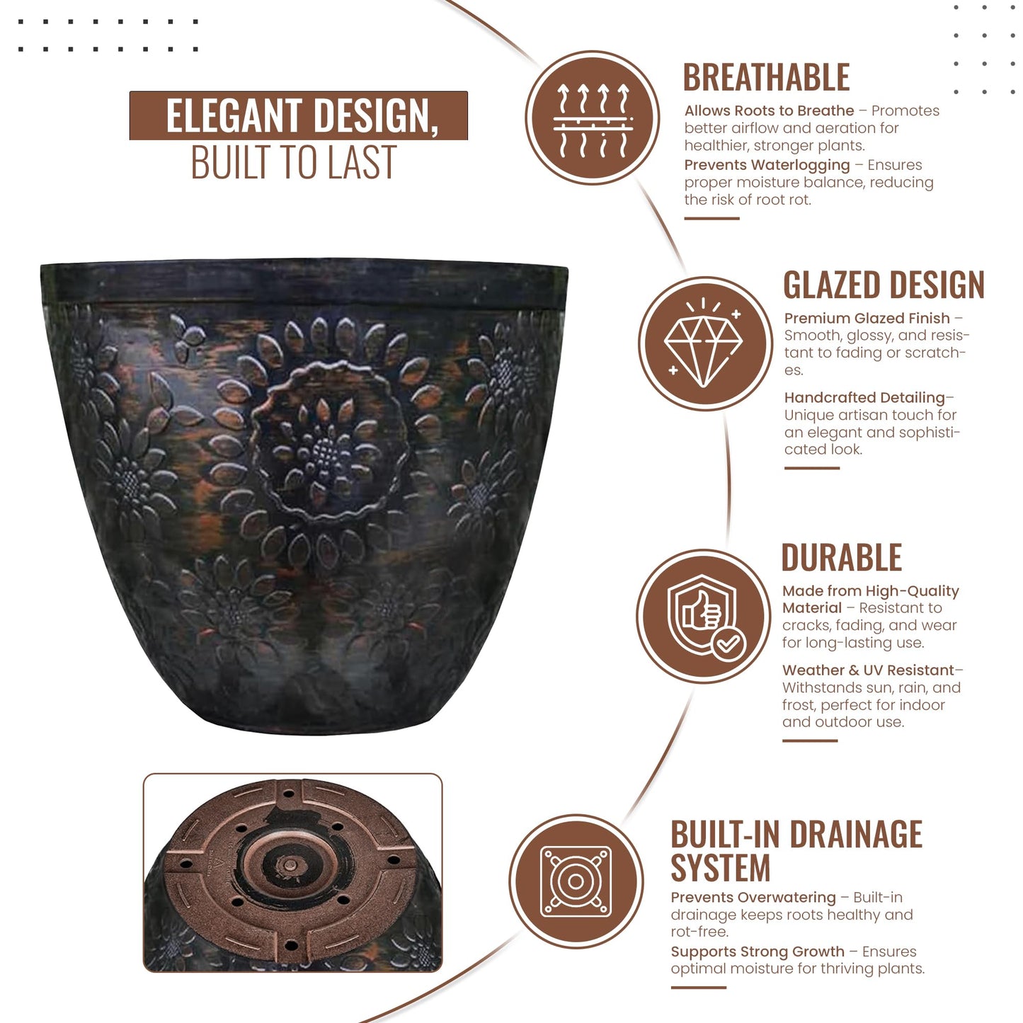 SG Traders Pack Of 2 X-Large Plastic Round Chengdu Plant Pots Indoor Outdoor Top Diameter Flower Pots with Drainage Holes, Beautiful Planters for Your Garden Needs (30, 36, 40cm)