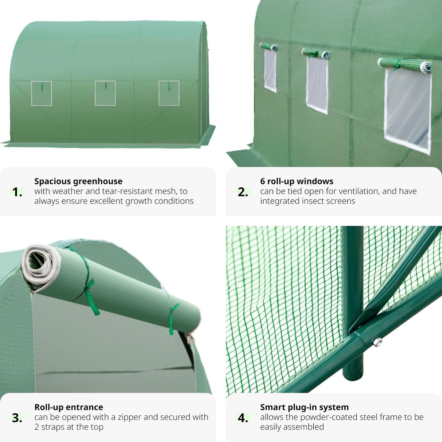 tectake® Greenhouse Polytunnel, Durable Steel Frame Grow Tent, PE Greenhouse Cover with Zip Door, 6 Mesh Windows, Frost-Resistant, 7m² Planting & Potting Space, Incl. Greenhouse Accessories - green