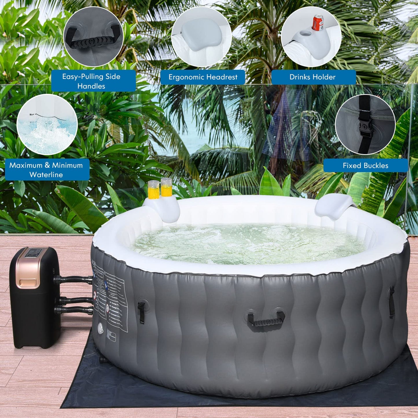 COSTWAY 4-6 Person Hot Tub Spa, 108 AirJet Massage System Outdoor Inflatable Hot Tubs with Headrest, Drink Holder, Pool Cover and Ground Sheet, Quick Heating Smart Filtration Round Hottub (Grey)