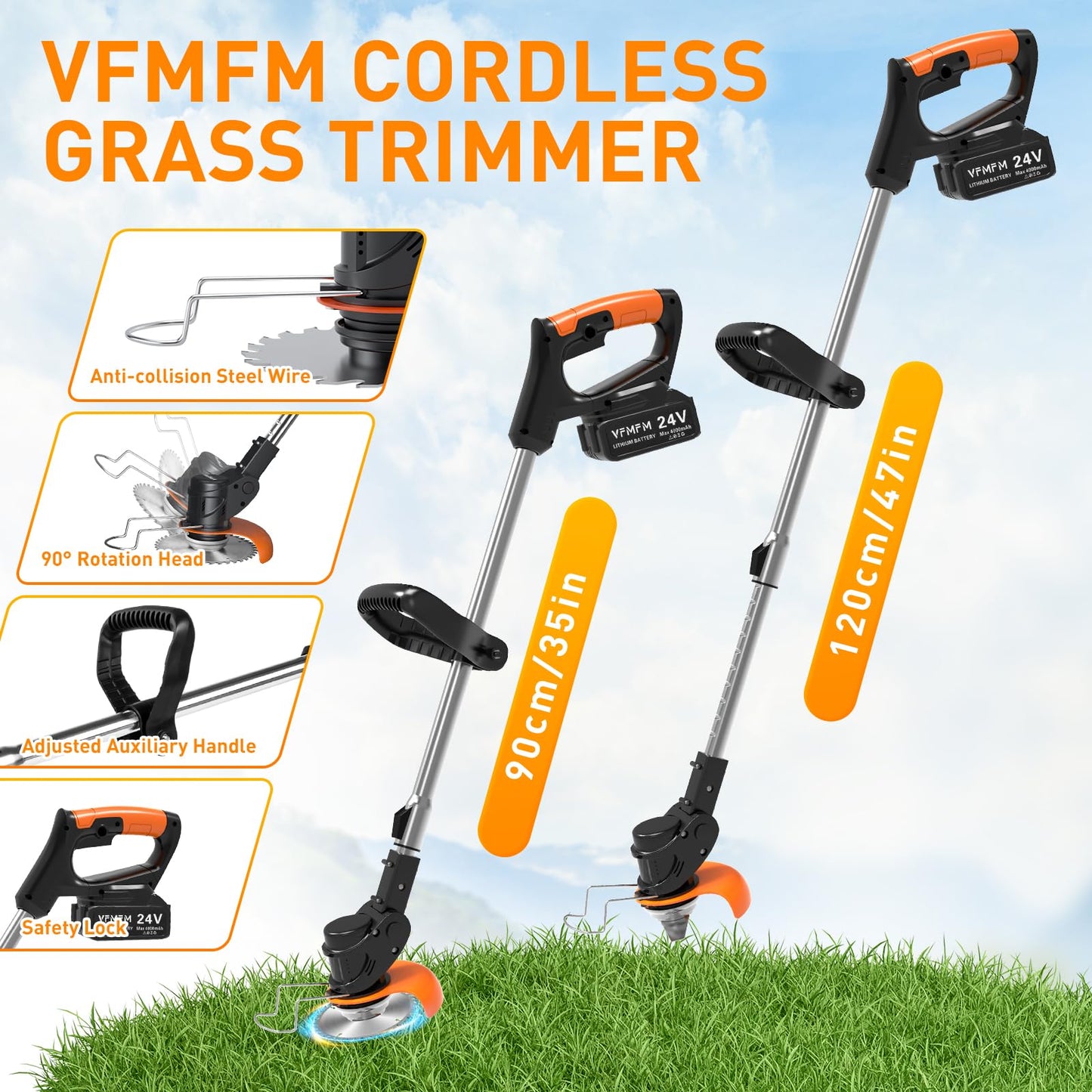 Cordless Strimmer, 24V Electric Grass Trimmers with 6x Metal Blades & 10x Plastic Blades, Telescopic Garden Strimmer with 2X 4000mAh Batteries, Battery Strimmer Grass Cutter for Garden Lawn Shrubs