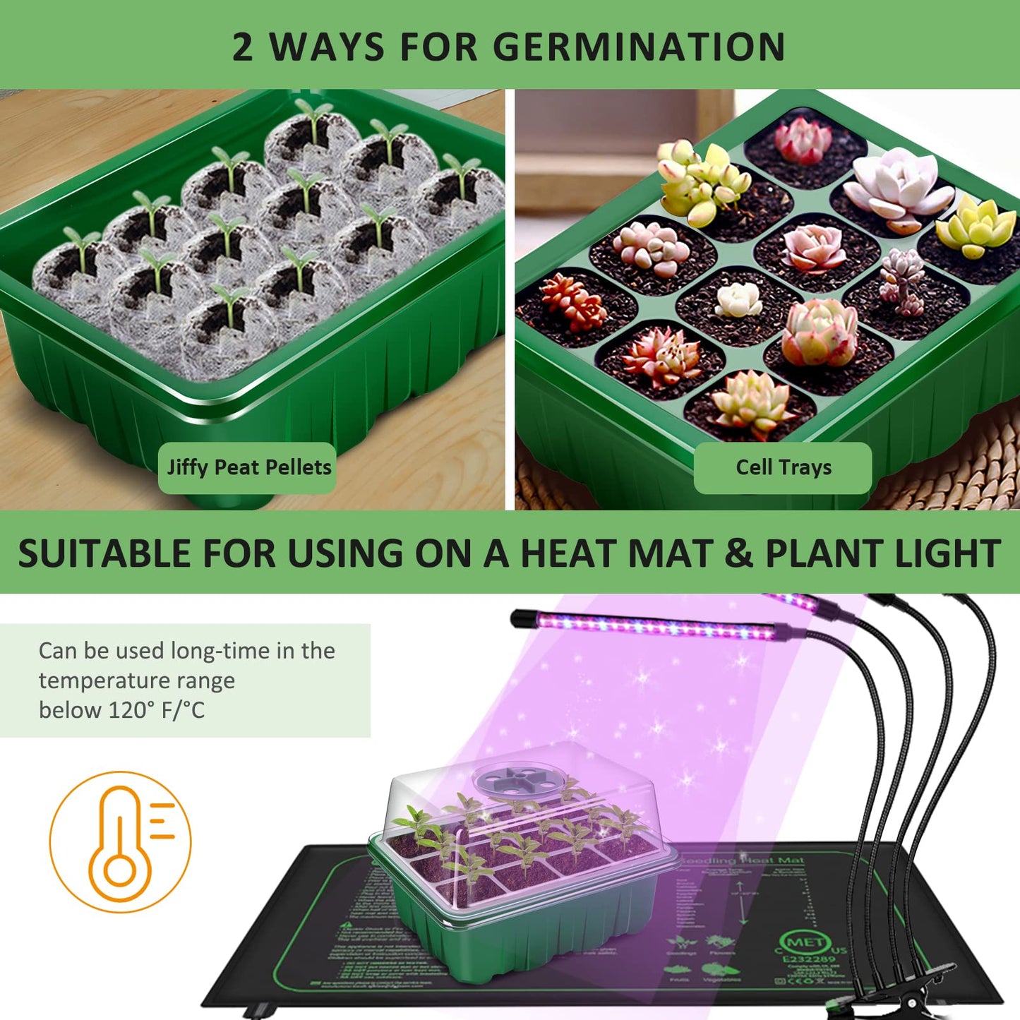 YAUNGEL Seed Trays, 6 Pack 72 Cells Propagator Growing Thicken Seedling Starter Growing Trays with Clear Lids/Adjustable Window for Greenhouse & Gardens, Green