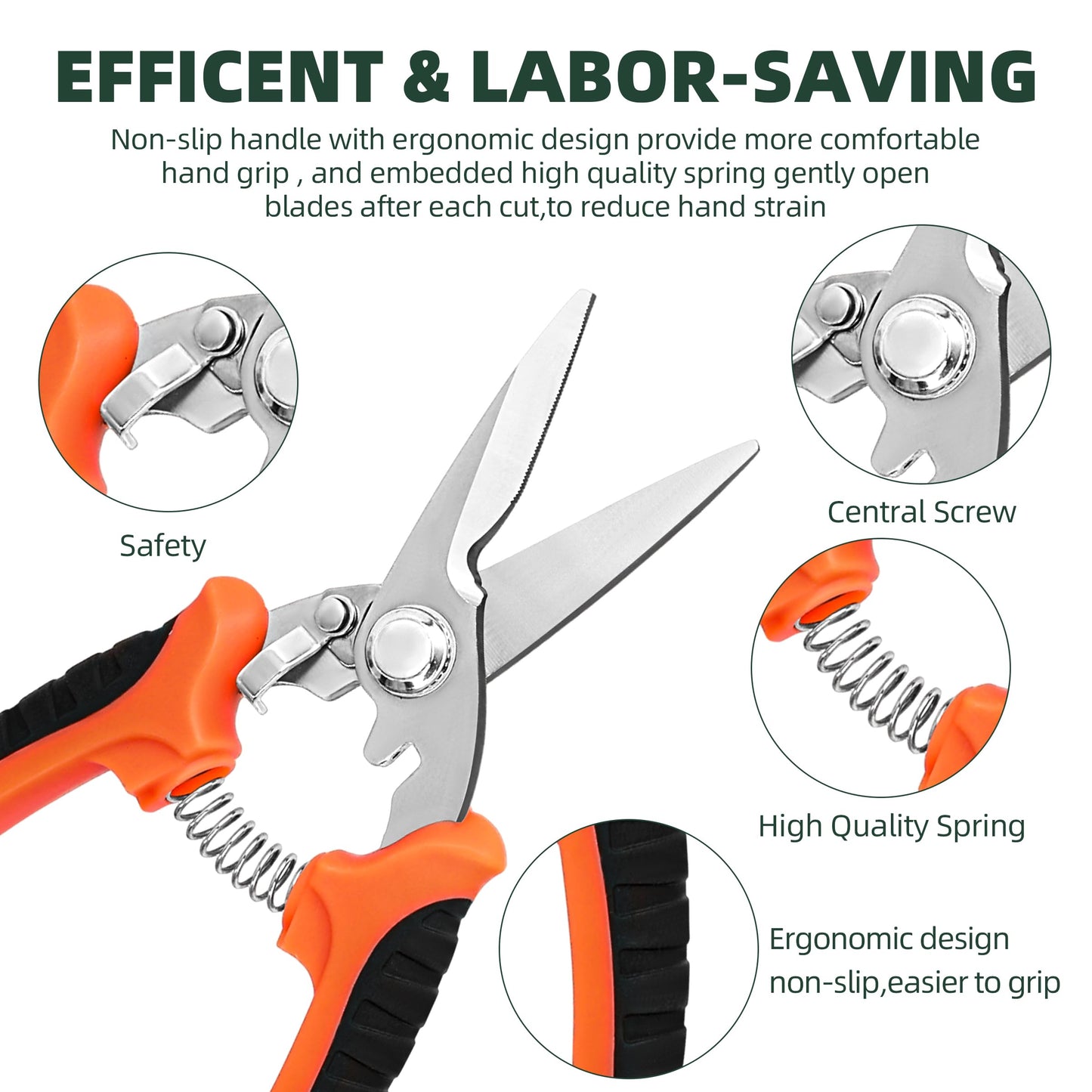 MUETKNYE 3 Pack Garden Pruning Shears, Stainless Steel Blades, Gardening Shears, Scissors, Clippers, Modern Style, Orange