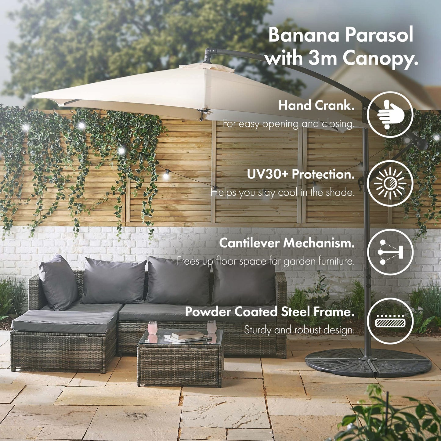 VonHaus Banana Parasol 3M – Cantilever Hanging Parasol Umbrella for Outdoor, Garden, Patio – Sun Shade Canopy with Hand Crank, Tilt & Rotate Function, UV30- Protection, Air Vent, Steel Frame – Cream