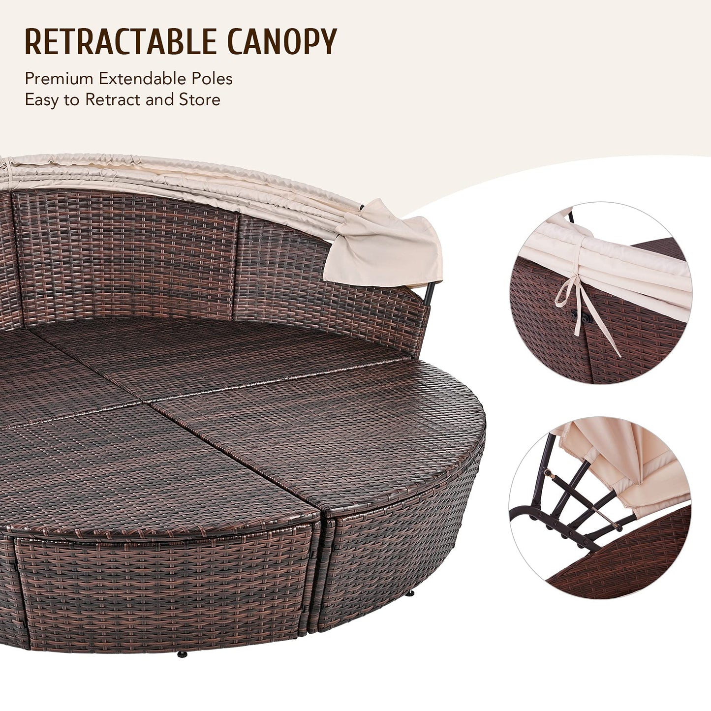 VONLUCE 4 Piece Modular Wicker Garden Daybed, Outdoor Sectional Sofa Set with Rattan Daybed or 4 Chairs, Retractable Canopy and Pillows, Beige