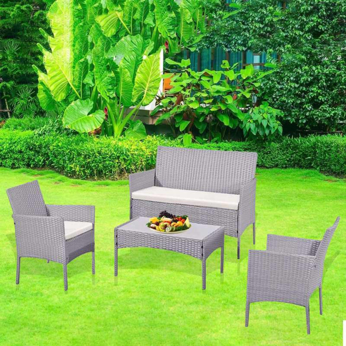Mega Deals 4 Piece Rattan Garden Furniture Set | Outdoor Furniture Set | Patio table and chairs garden table set | Ideal for Pool Side, Balcony, Garden, Outdoor and indoor (Grey) (4-PC-Rattan)