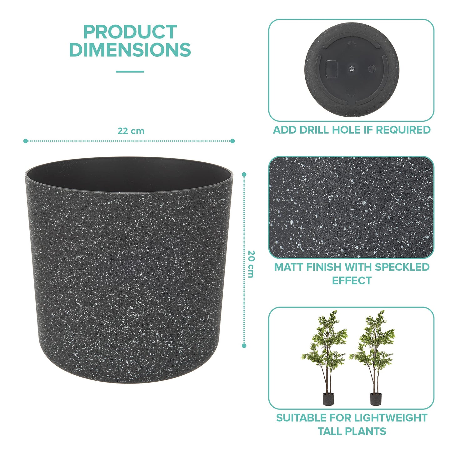 LIVIVO 22CM Round Plastic Flowerpot Plant Pot with Speckled Sandstone Effect for Indoor & Outdoor use including Kitchen Living Room Hallway Garden Patio Entrance Balcony Window - SET OF 2 (Grey)