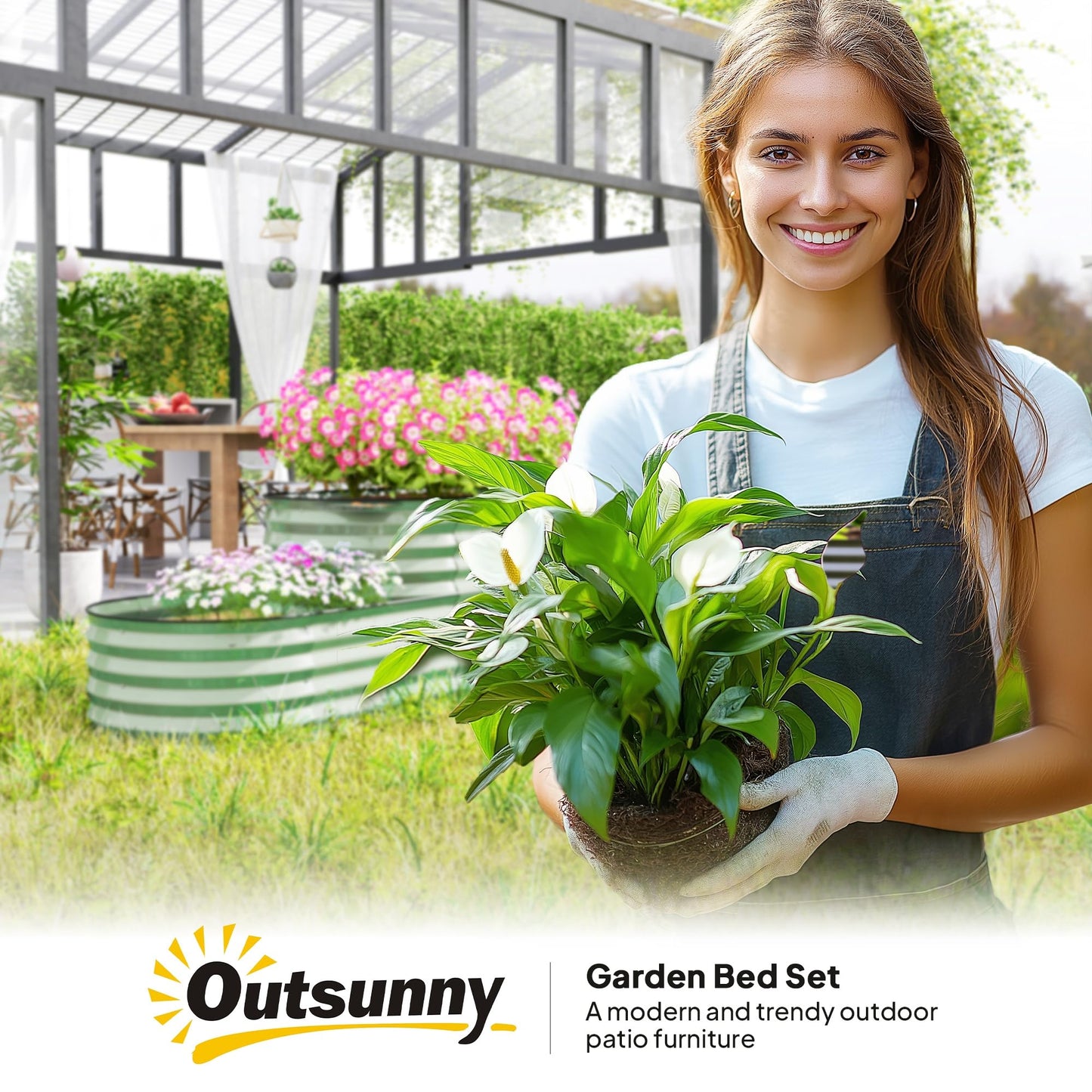 Outsunny 2-Tier Raised Garden Bed, Outdoor Galvanised Planter Box with Safety Edging and Gloves, Metal Raised Bed with Open Bottom for Vegetables, Flowers, Fruits and Herbs, Light Green