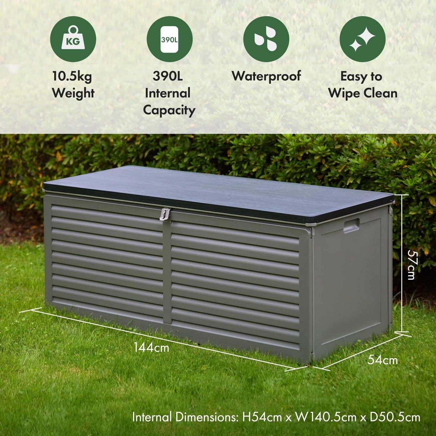 VonHaus Garden Storage Box 390L – Outdoor Utility Chest Organiser – Weatherproof Plastic, Lockable Lid, Sliding Bar Hinge, Carry Handles, Portable – For Garden, Patio, Balcony, Decking – Grey, Black