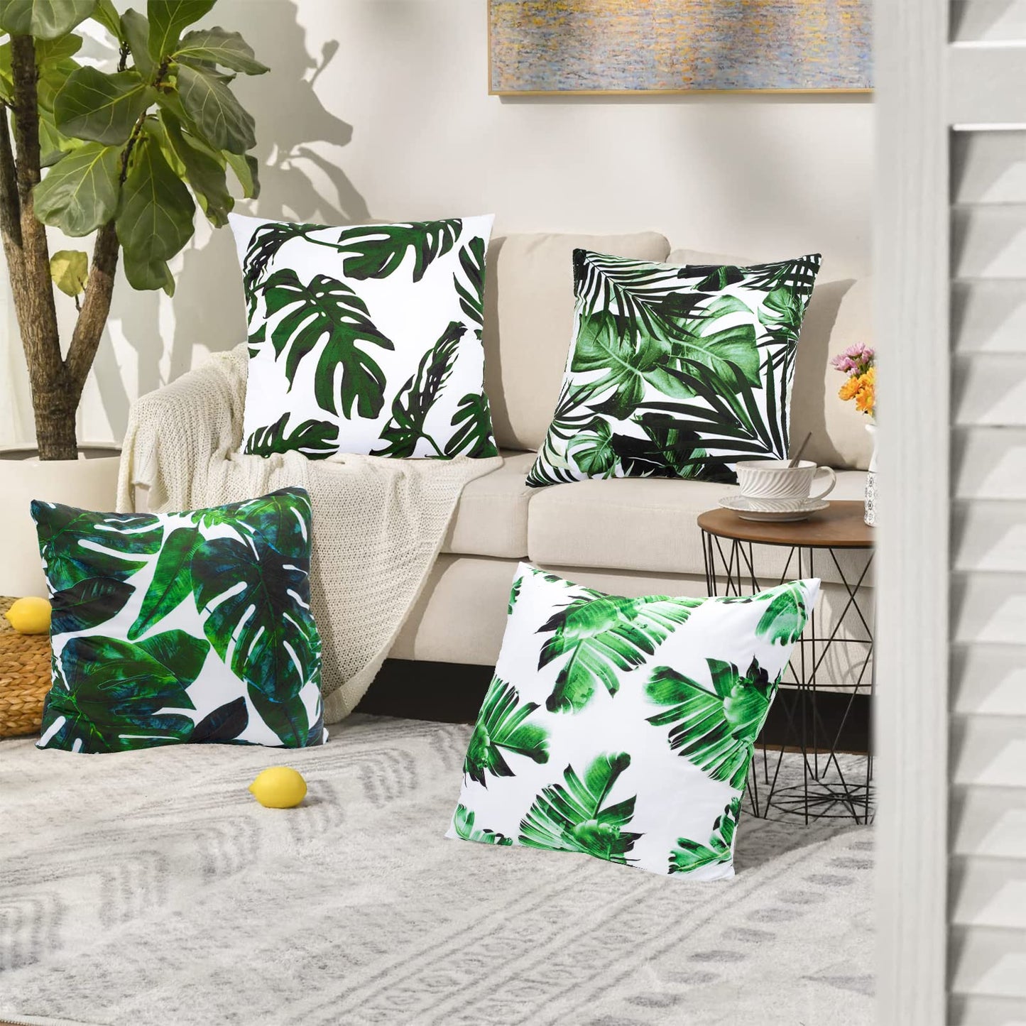 Set of 4 Cushion Covers 18x18 Inch, Waterproof Outdoor Cushion Covers, Tropical Leaves Pillow Cases, 45 x 45cm Decorative Thorw Pillow Covers, Sofa Pillowcases for Bedroom Office Car Home Decor
