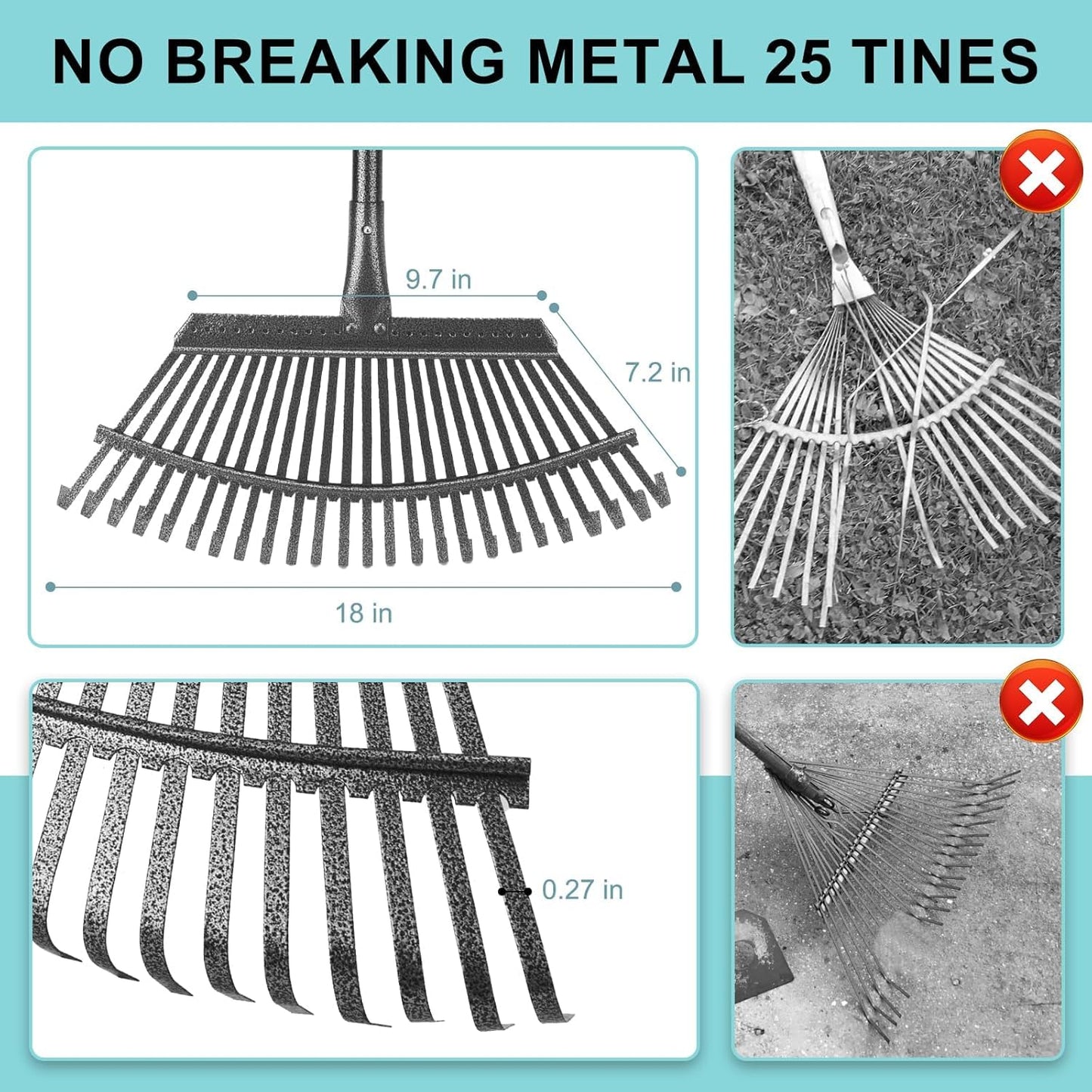 Garden Leaf Rake ,18.5" Wide Heavy Duty Leaf Rake with 25 Metal Tines, Leaves Rakes with 6FT Adjustable Handle for Yard Lawn Shrub Garden Leaves