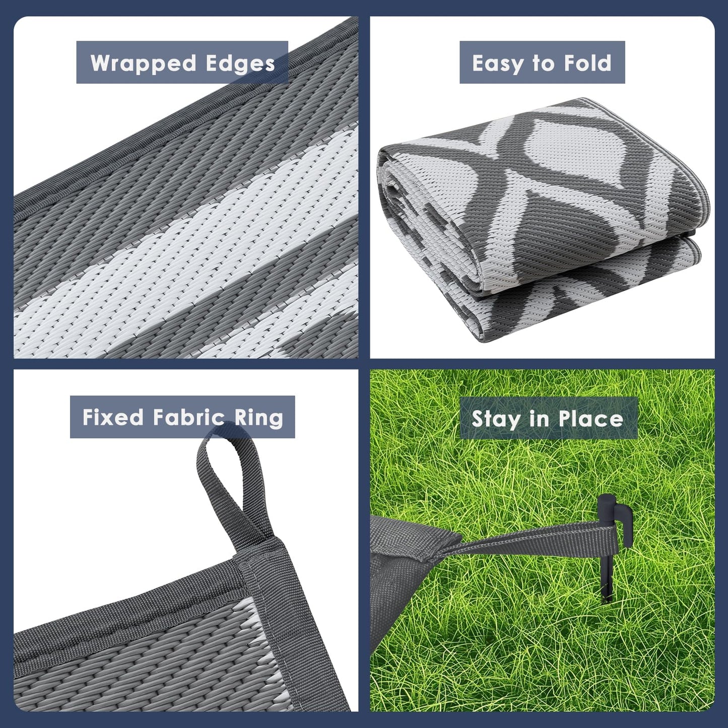 VK·living Outdoor Rug for Garden Patios Waterproof 120X180cm Reversible Carpet Durable & UV Resistant Modern Outdoor Mat Portable Lightweight Area Patio Rugs for Balcony Camping Yard RV Grey&White