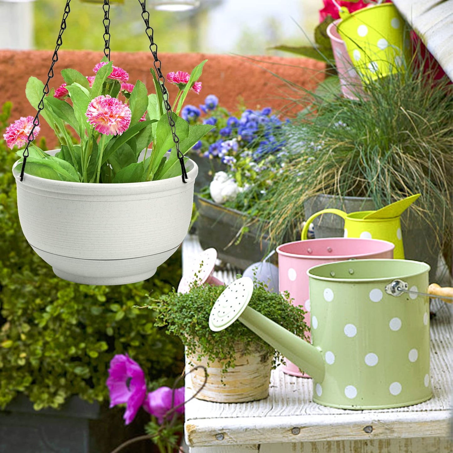 ZEAYEA Set of 2 Hanging Planter, 9 Inch Self Watering Hanging Flower Pot for Indoor Outdoor Plants, Plastic Plant Pot Container with Hanging Chain for Home Garden Decoration, White