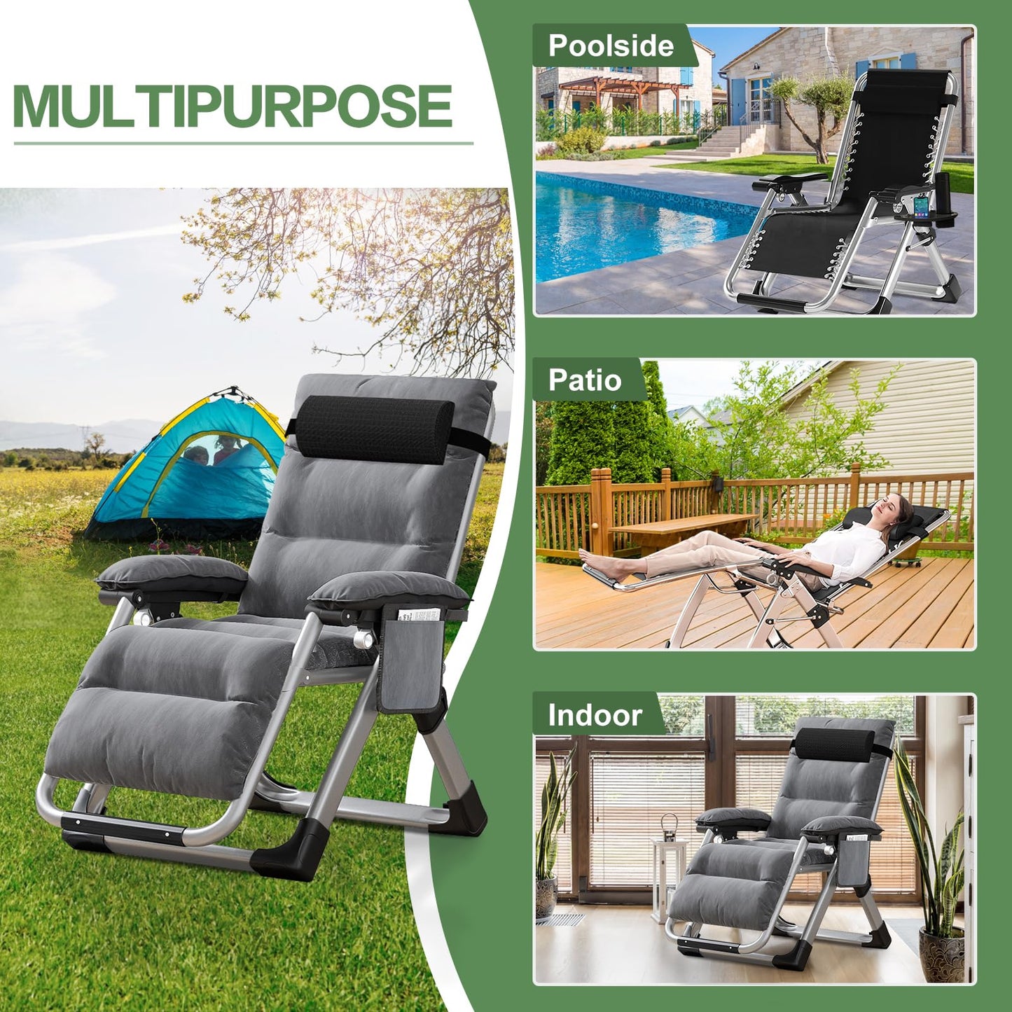 SUNYRISY Sun Lounger Garden Chair, Heavy Duty Adjustable Zero Gravity Chair with Cushion, Headrest, and Pocket, 200kg Support Foldable Lawn Garden Recliner Chairs for Outdoor/Indoor