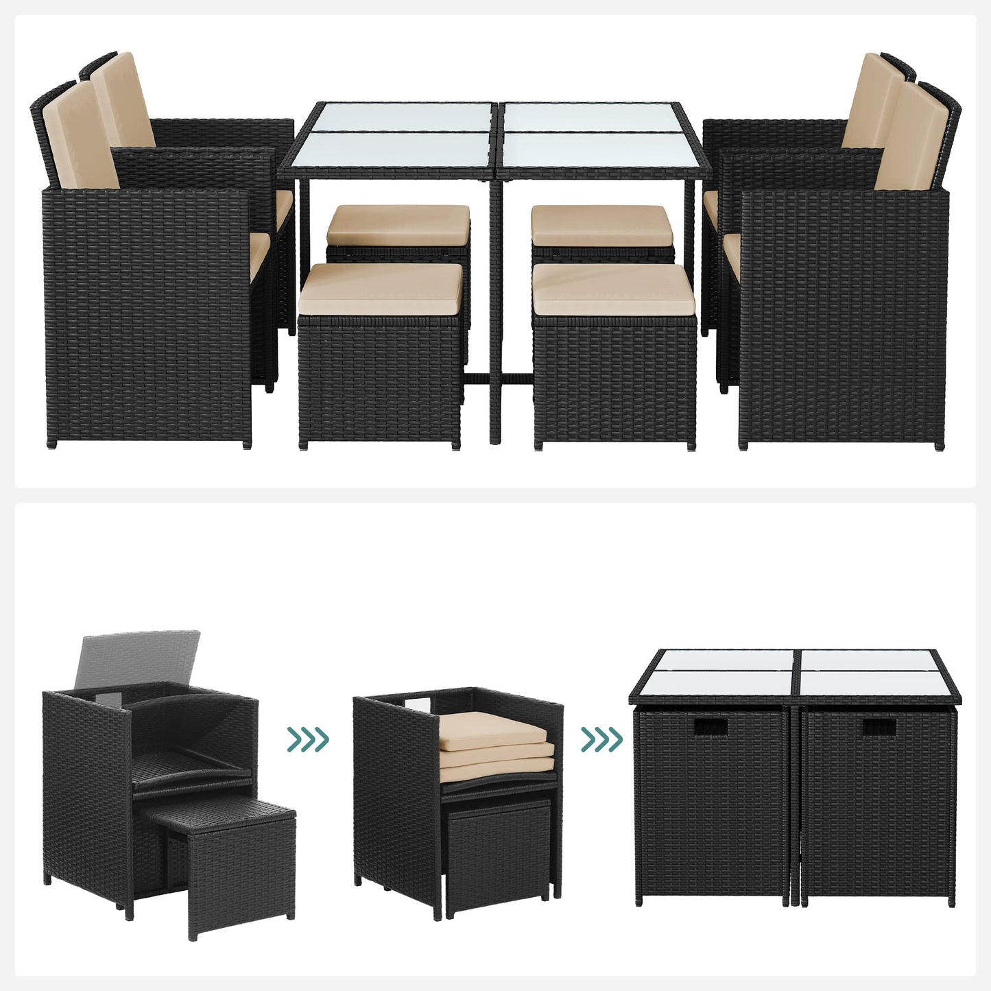 SONGMICS Garden Furniture Set Dining Table and Chairs, Set of 9 PE Rattan Outdoor Patio Furniture, Dining Furniture, Glass Top Coffee Table, with Cushions, Space-Saving, Black and Beige GGF091B02