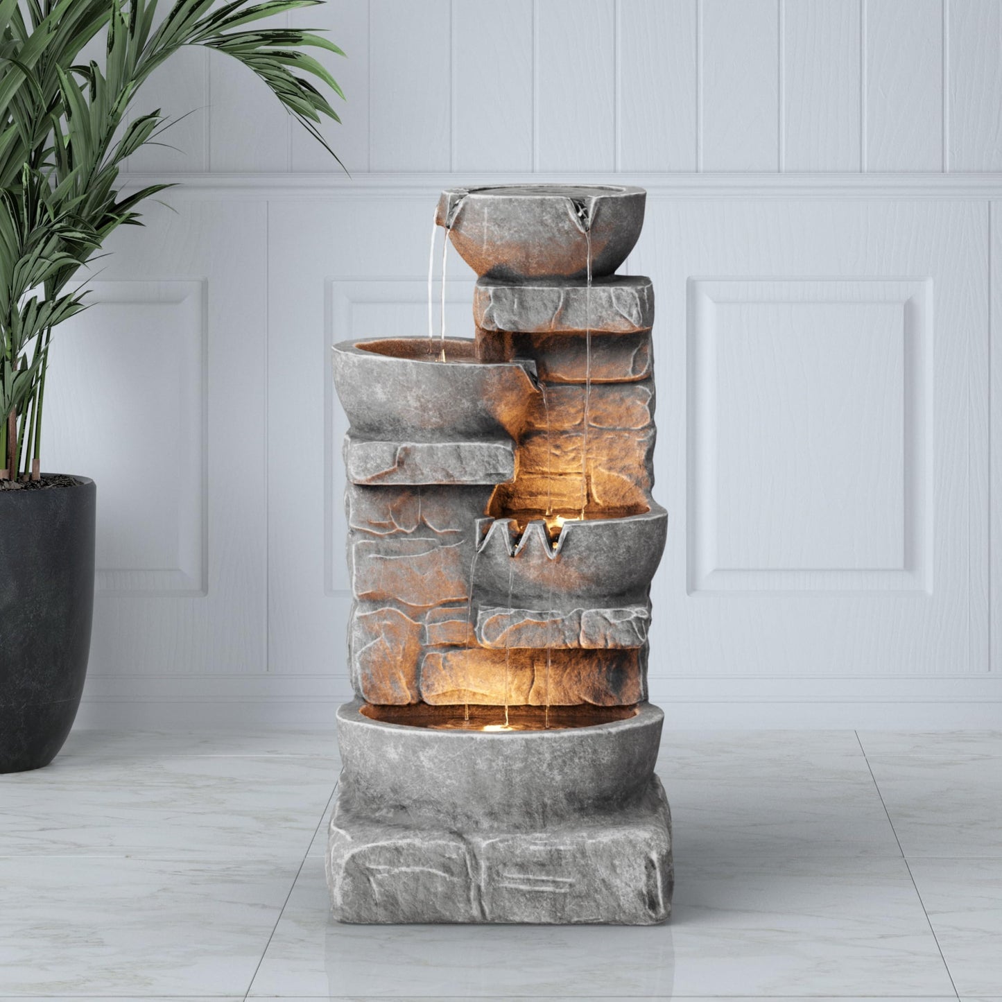 Teamson Home Cascading Bowls & Stacked Stone Outdoor Water Fountain with LED Light, Grey