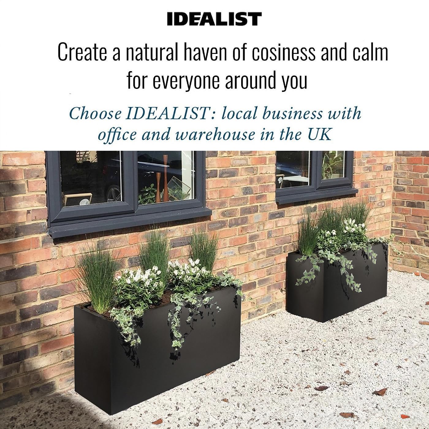 IDEALIST 85cm Large Trough | Black Reinforced Stone Rectangle Plant Pot | Garden Planters with Drainage Holes L85 W26 H41 cm, 60 litres