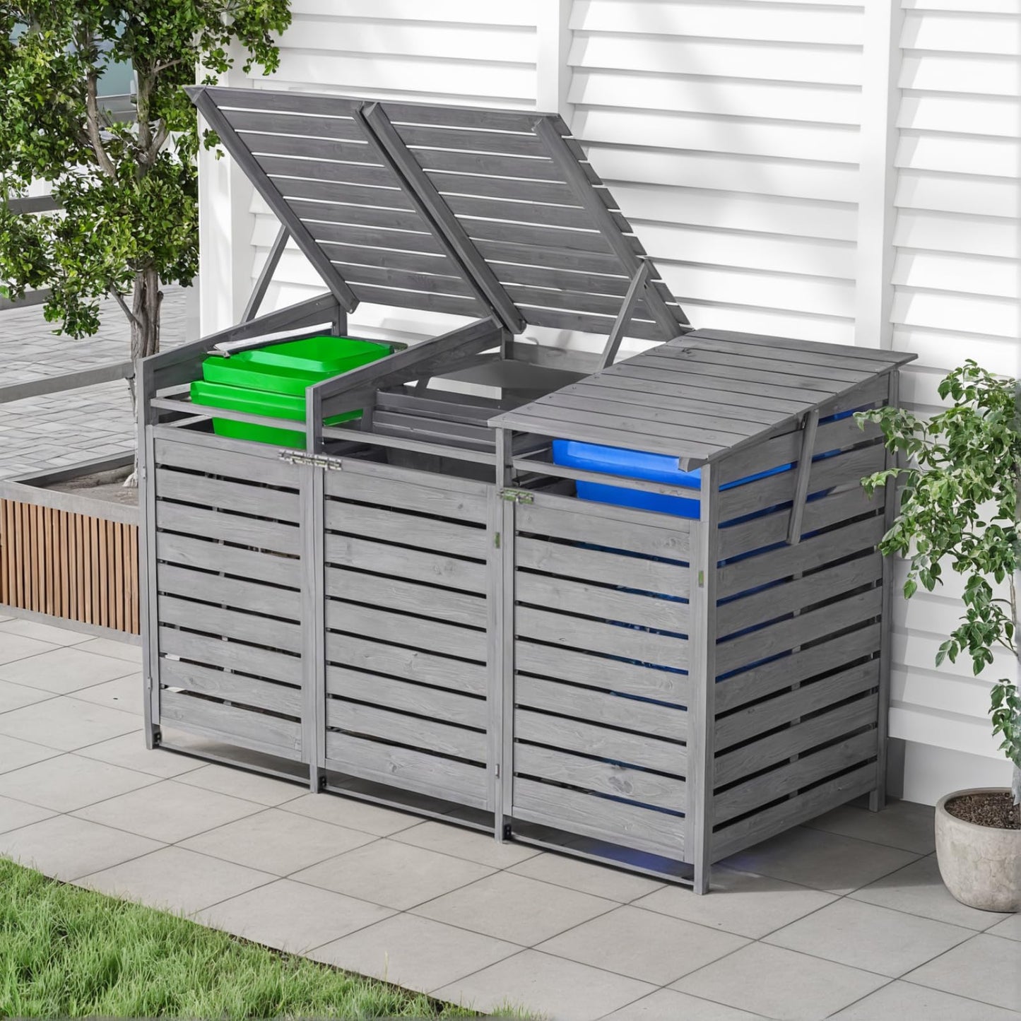 Warmiehomy Wheelie Bin Storage 3 Wheelie Bin Hideaways Outdoor Bin Shed 3 Bins Wooden Wheelie Bin Storage Garden Large Bin Store 191cm x 86cm x 122cm