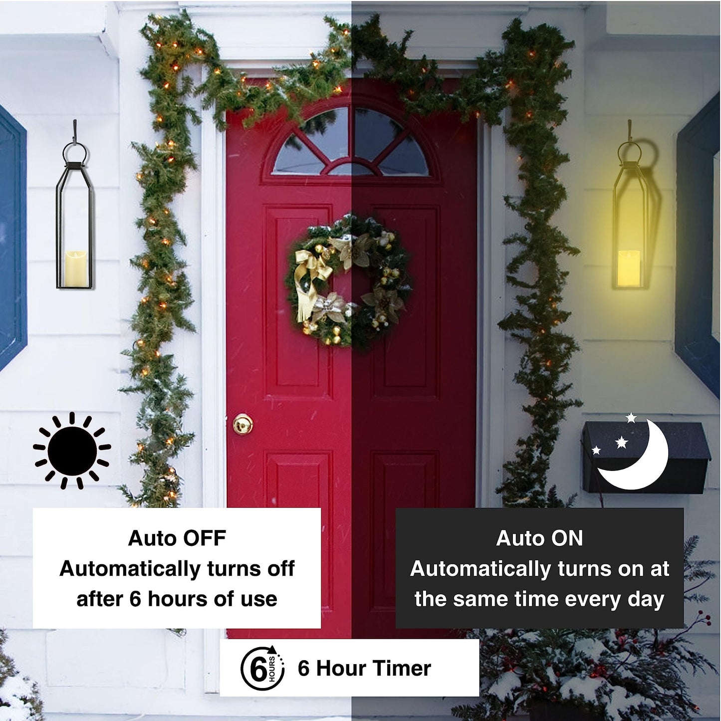 Perfnique Modern Farmhouse Lantern Decor, 15'' 13'' Set of 2 Black Metal Lanterns, 2 LED 6hr Timer Flickering Flameless Candles, Lanterns Decorative for Outdoor Decor, Home, Indoor, Patio (Black)