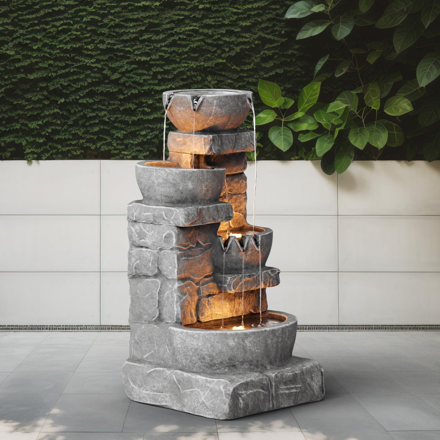 Teamson Home Cascading Bowls & Stacked Stone Outdoor Water Fountain with LED Light, Grey