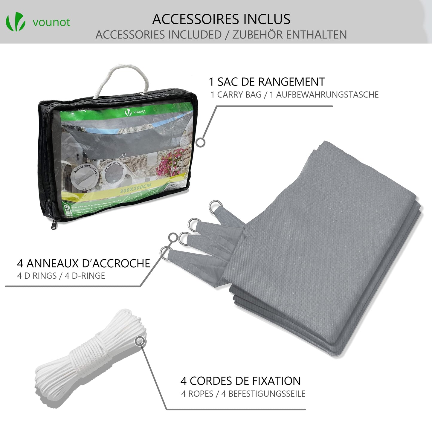 VOUNOT Sun Shade Sail Waterproof Rectangle Sail Canopy With Mounting Ropes for Garden, Patio, Outdoor Sunshades, 3x5m, Grey