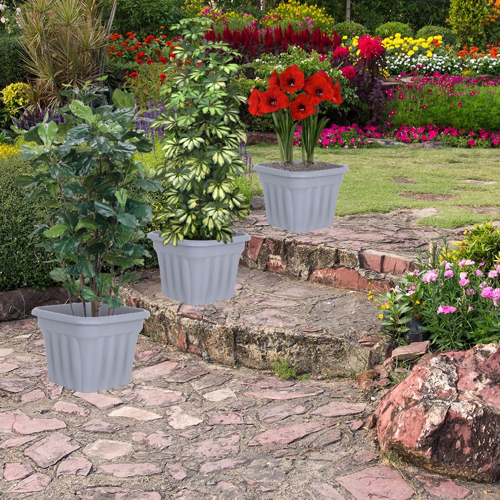 JMS we create smile (Set of 4) 40cm Large Upcycled Grey Plastic Square Planters Indoor/Outdoor Plant Pot Lightweight & Weather Resistant Design Style Garden Planter Plant Herb Flower Pot For Home