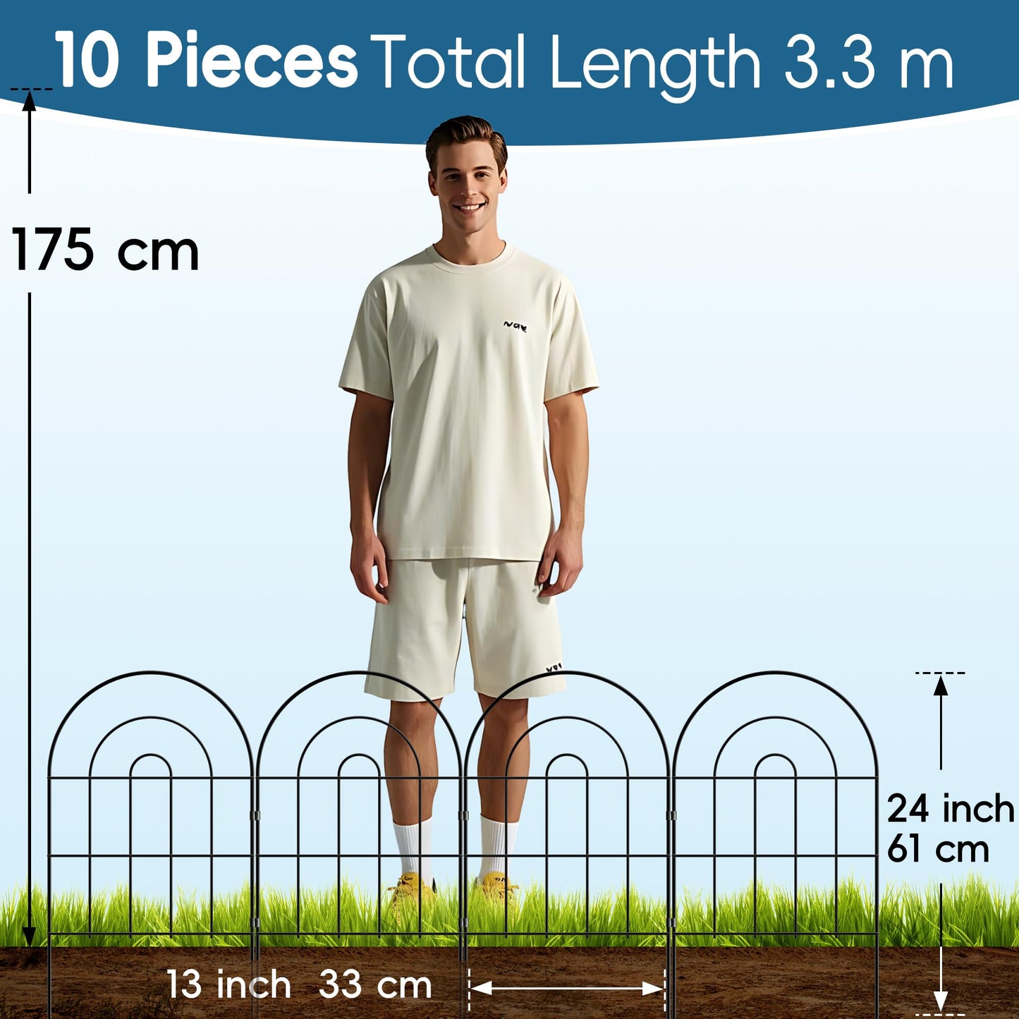 Thealyn Decorative Garden Fence 61cm H x 33cm W (10 Panels, Total Length 3.3m) Metal Fence No Dig Fence Outdoor Fence Border Fence Dog Fence for Flower Bed, Yard, Animal Barrier,Arch