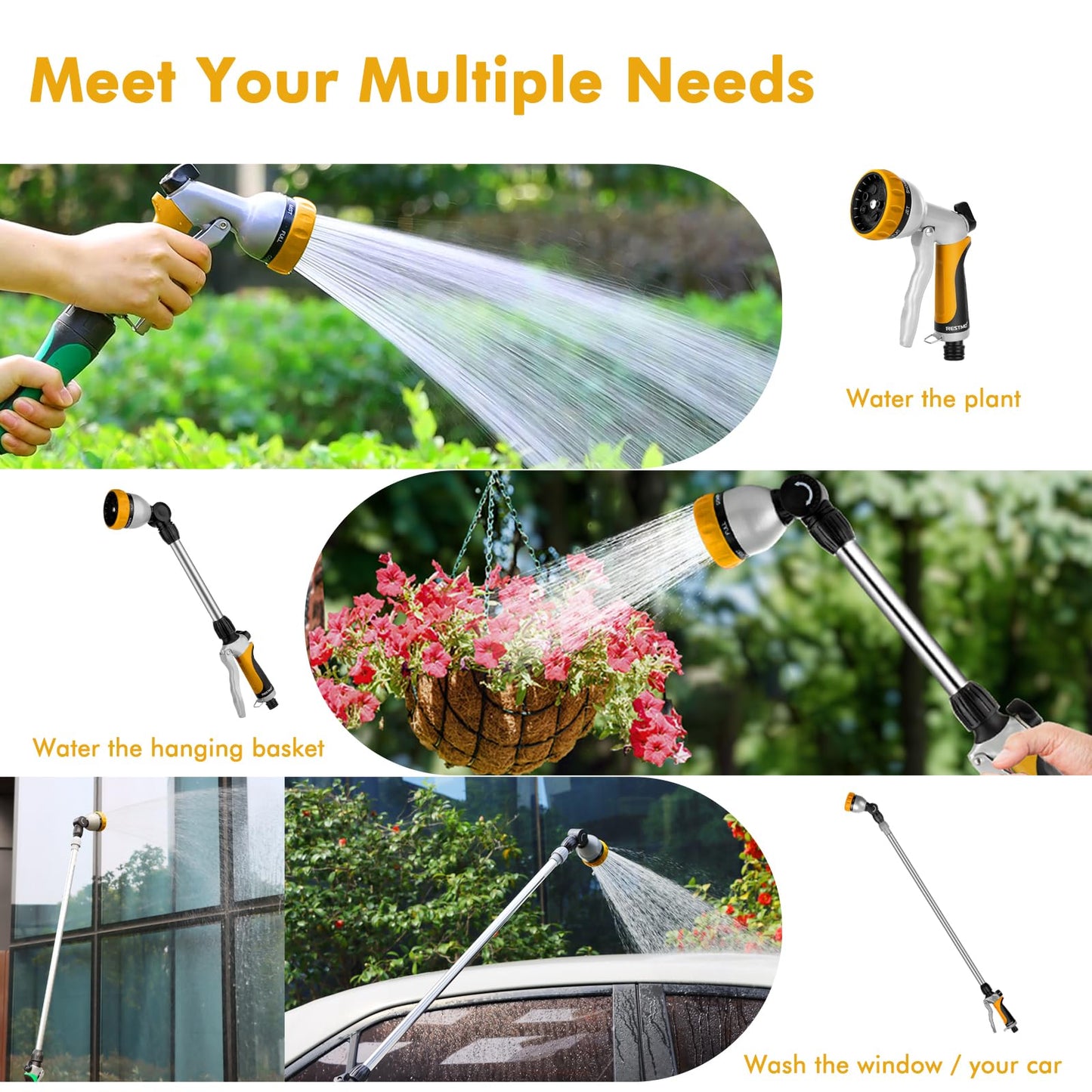 RESTMO Hose Pipe Spray Gun, Heavy Duty Garden Hose Spray Gun, High Pressure Hose Nozzle, Metal Hand Sprayer with 7 Patterns and Water Flow Control, Ideal to Water Plant & Lawn, Wash Car & Pet (Yellow)