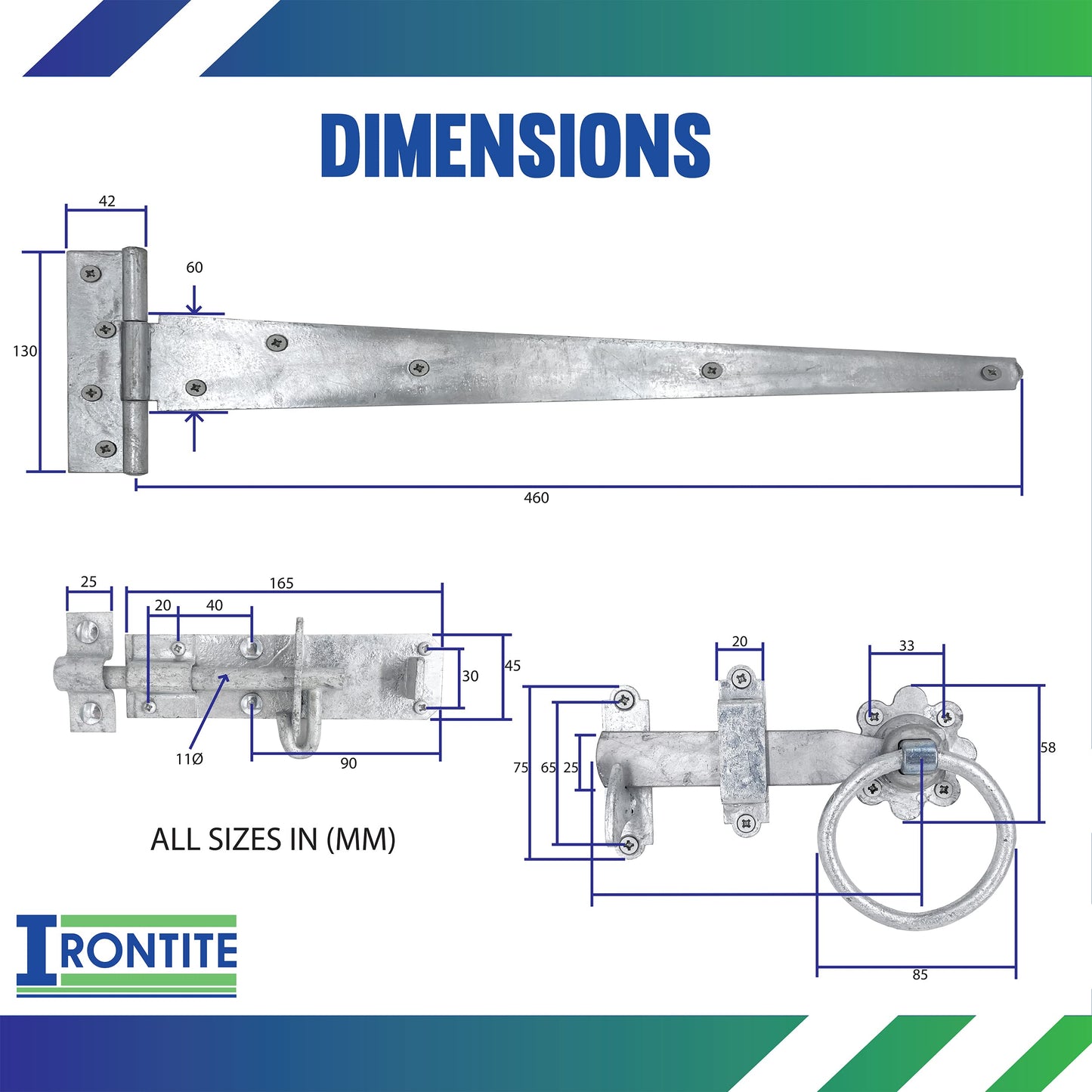 IRONTITE® Galvanised Gate Latch Kit with 450mm (18") T Hinges and Brenton Bolt. Garden Gate Kit Includes Garden Gate Hinges for Wooden Gates, Brenton Garden Gate Bolt, and Ring Gate Latch.