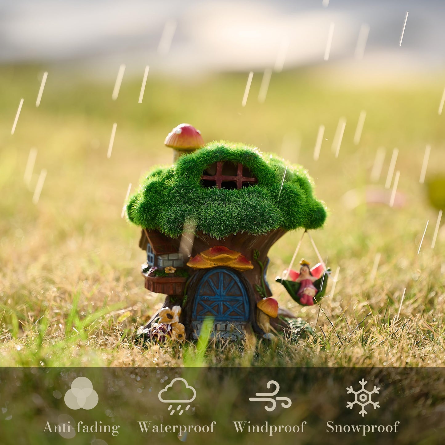TERESA'S COLLECTIONS Garden Ornaments Outdoors, Solar Green Tree House with Swinging Fairy, Waterproof Resin Fairy House Ornaments, Indoor Outdoor 13CM