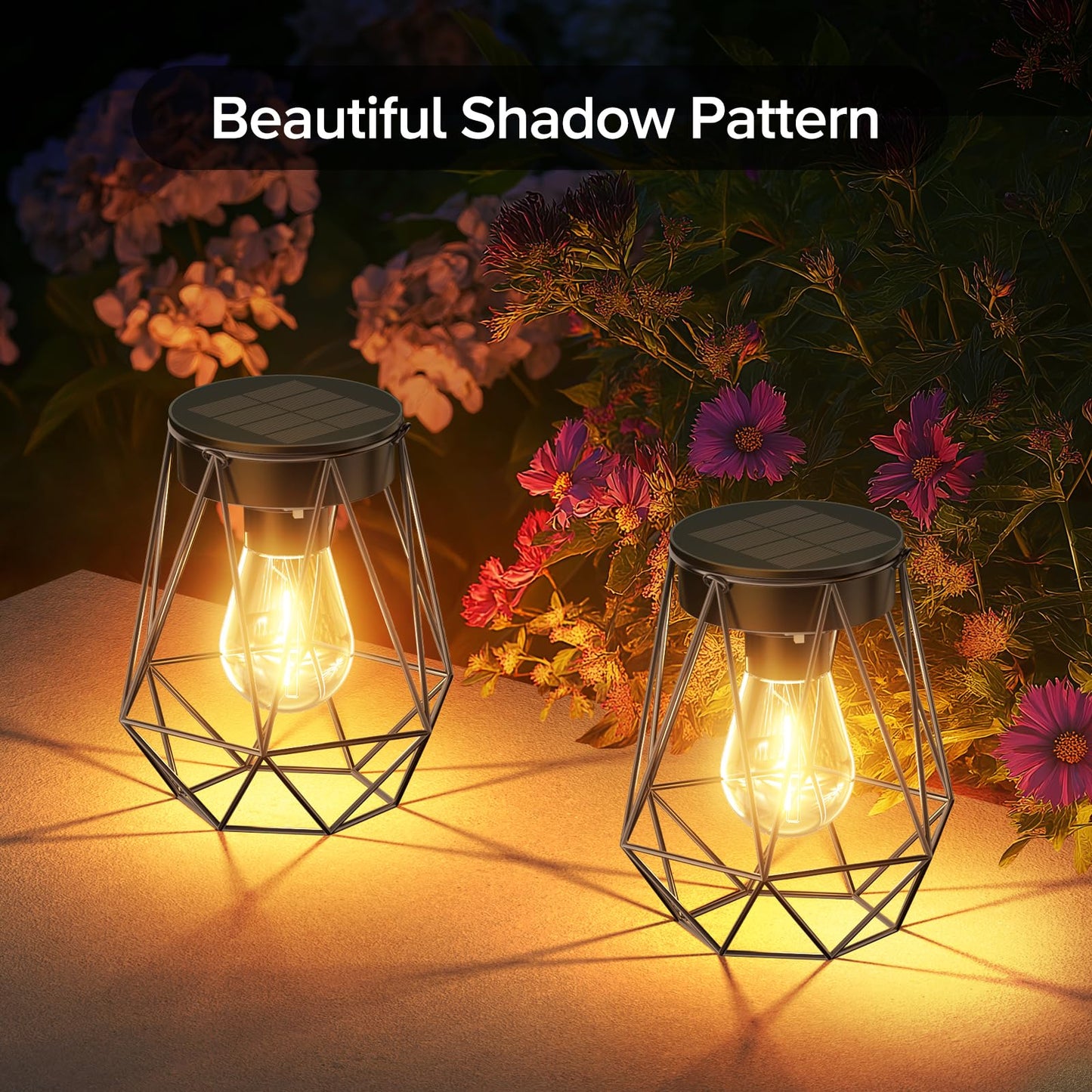 RECHOO Solar Lights - 2 Pack Hanging Garden Lanterns, Metal Warm White Waterproof Outdoor Lanterns for Decoration, Pathway, Patio