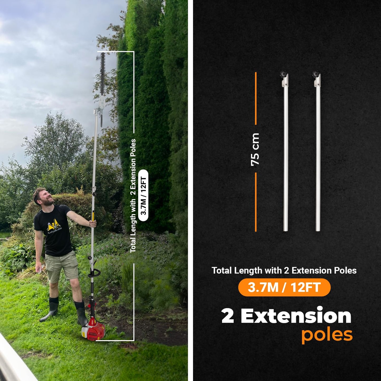 BU-KO 52cc Long Reach Petrol Hedge Trimmer and 75cm Extension Pole, Precision Trimming for Tall Hedges & Bushes, Easy to Use, High Performance, Durable Steel Blade