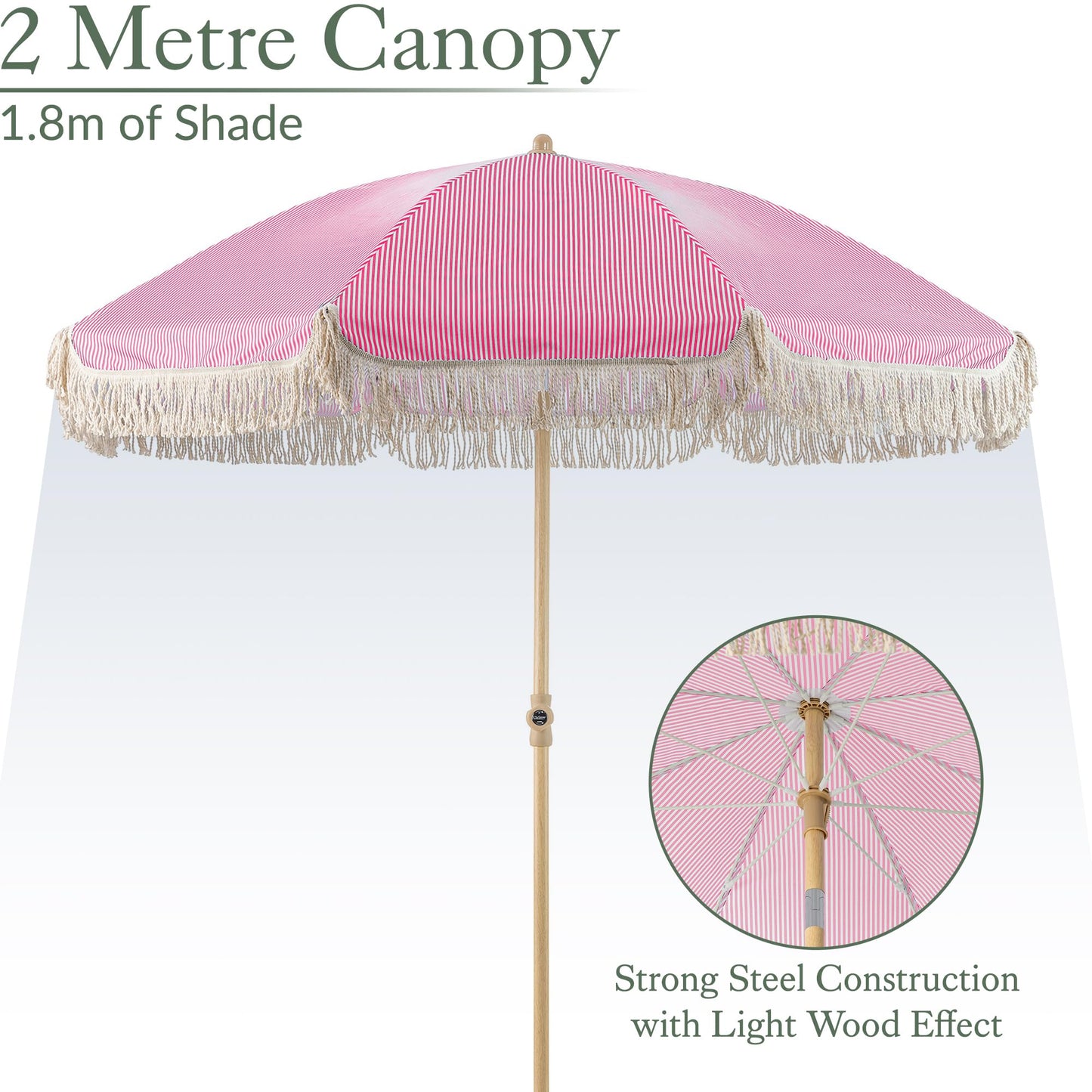 CHRISTOW Portable Garden Parasol with Tilt, 2m Cotton Tassel Beach Umbrella, Outdoor Patio Sunshade, Tilting Canopy, Wood Effect Steel Pole, UV50- Sun Protection, Water Resistant, Bag (Pink Stripes)