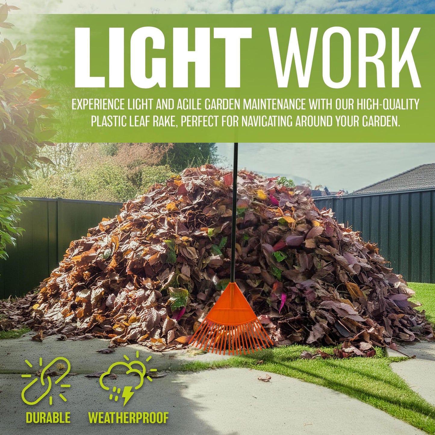 12 Tooth Garden Leaf Rake - Handheld, Plastic Head Gardening Tool | Wide, Lightweight & Sturdy To Quickly Clean The Lawn | Ideal For Autumn & Winter Seasons | Strong Quality & Long Lasting