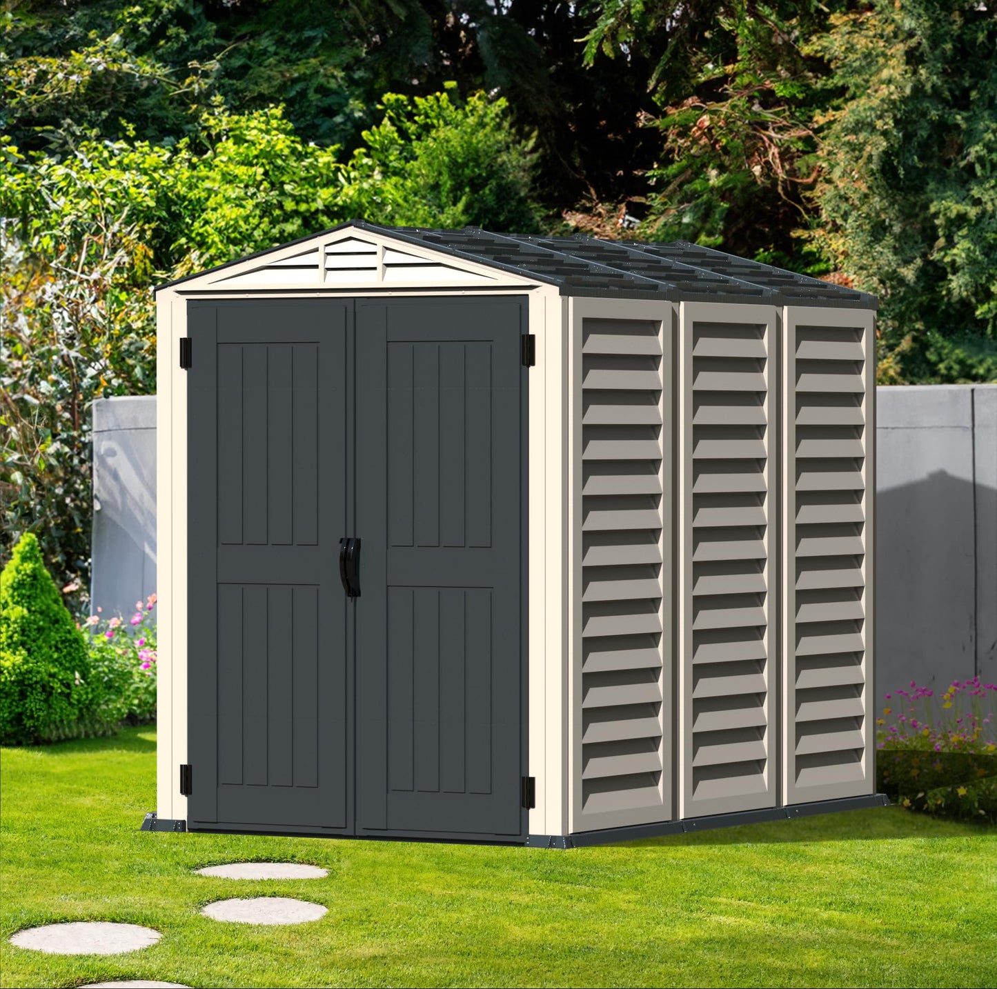 Duramax YardMate PLUS 5 x 8 (4.28 m2) Plastic Garden Shed with Heavy-Duty Plastic Floor, Strong Metal Roof Structure, Fire Retardant & Maintenance-Free Storage Shed, Dark Grey & Adobe