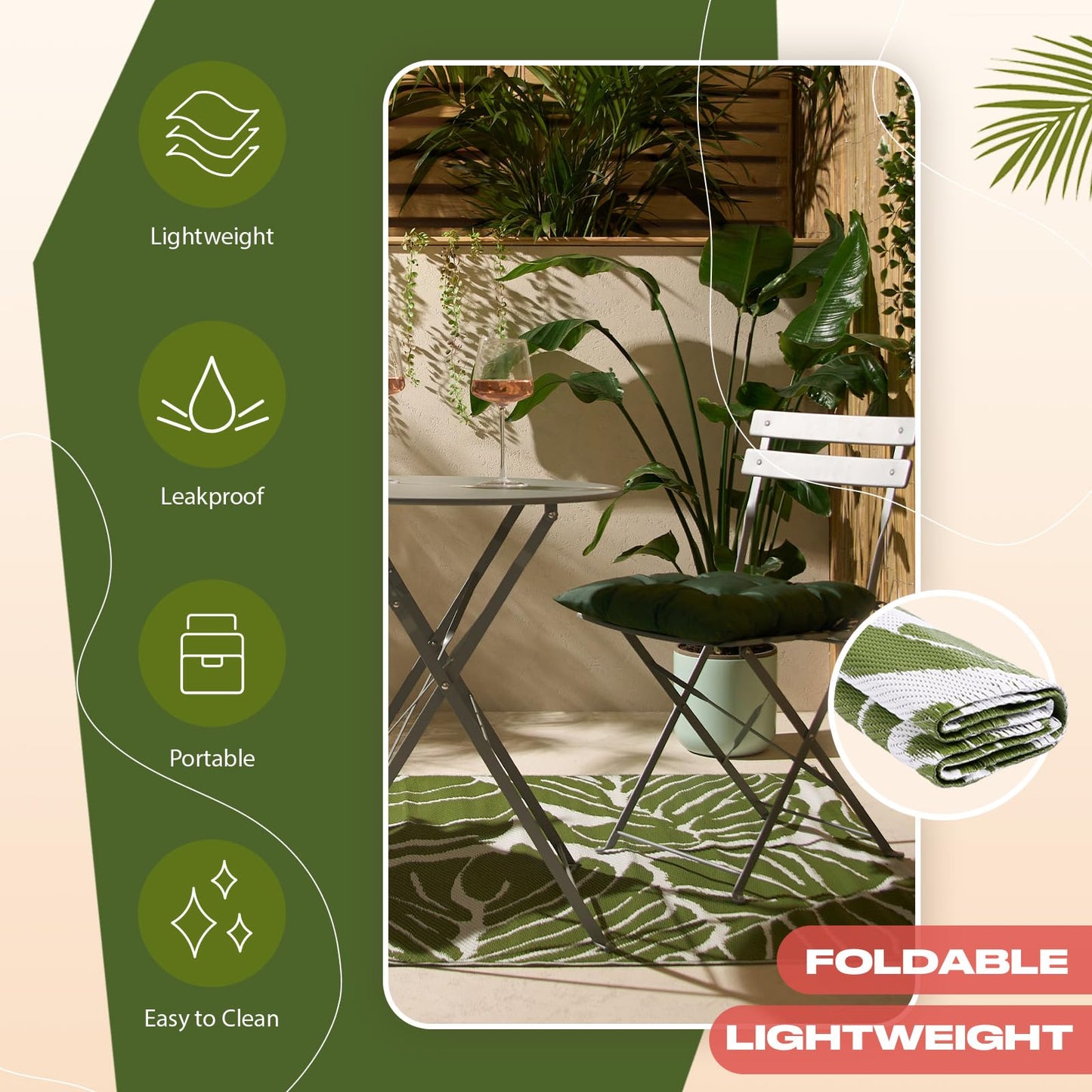 Dreamscene Outdoor Rugs for Garden Palm Tree Leaf, Green Round Outdoor Rug Garden Mats Water Resistant Foldable Easy Storage Summer Patio Decking Reversible, 170cm