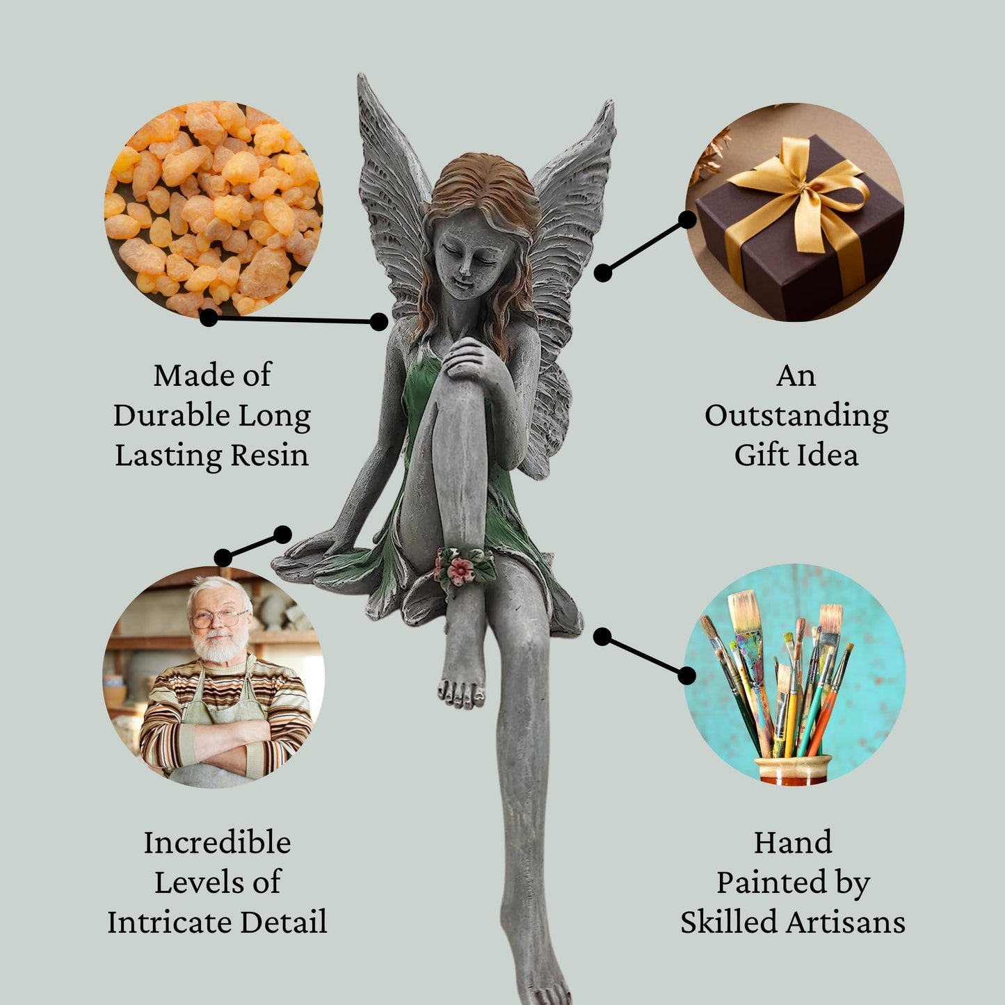 G&H Decor - 20cm Winged Elf Sitting My Fairy Garden - Flower Fairy Garden Statue - Weather Resistant Highly Detailed Fairy Garden Accessories Outdoor - Fairy Gifts – Garden Fairies Outdoor Statues