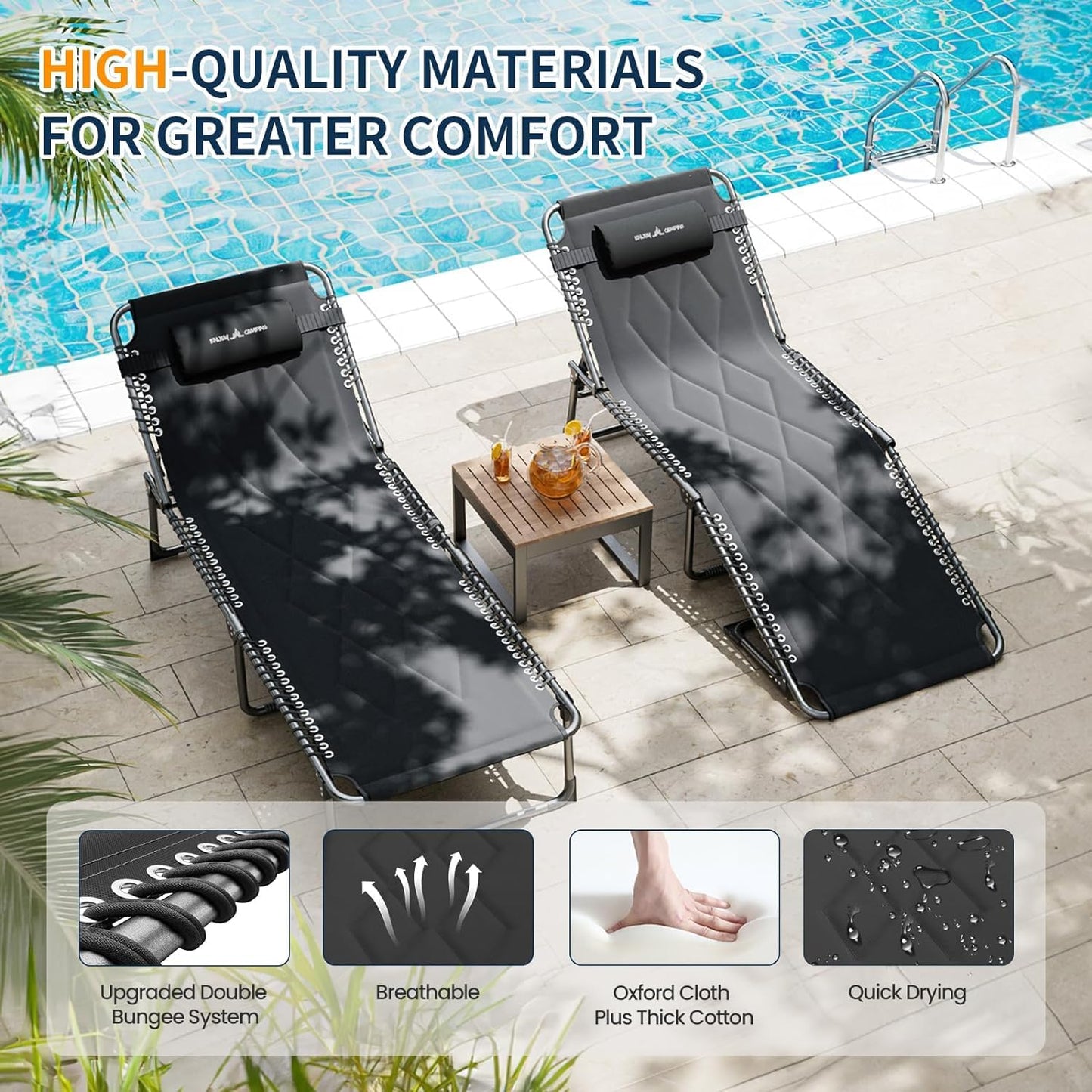 UDPATIO Padded Sun Lounger with Extra Cushion,Foldable Camp Bed With Adjustable Backrest Headrest,Oversize Garden Lounge Chair With Side Pockets Black
