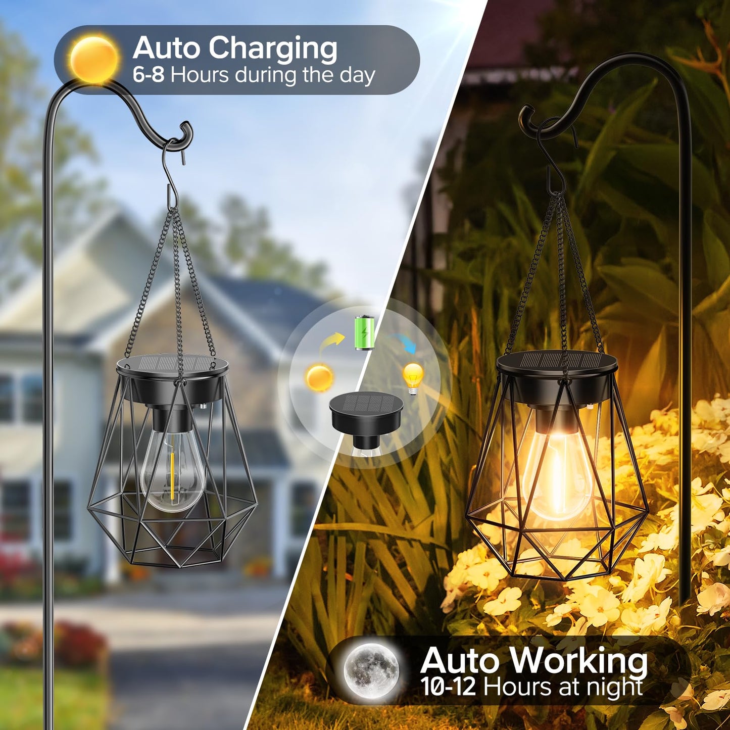 RECHOO Solar Lights - 2 Pack Hanging Garden Lanterns, Metal Warm White Waterproof Outdoor Lanterns for Decoration, Pathway, Patio