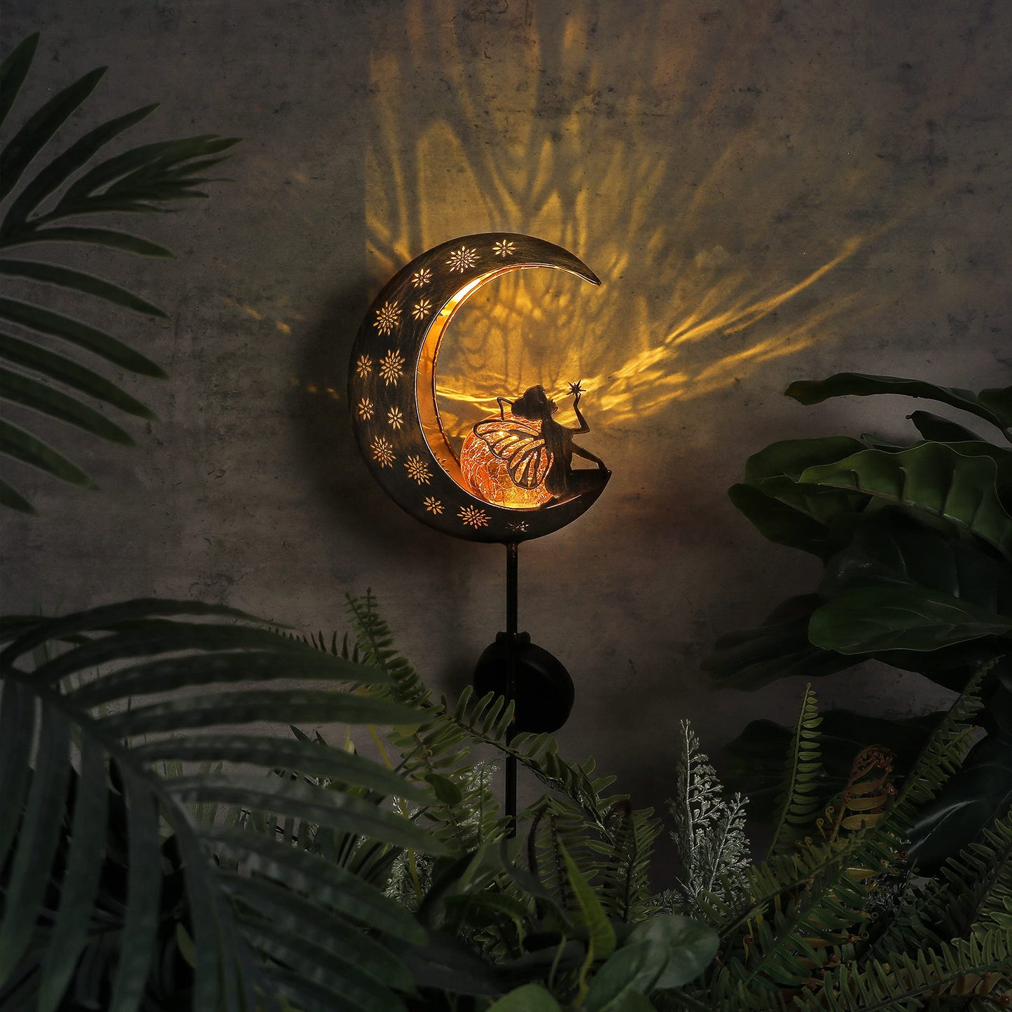 TERESA'S COLLECTIONS Large Garden Ornaments Outdoor, Gifts for Women, Metal Fairy Sitting on Moon Solar Lights Outdoor Garden, Solar Stake Lights with Crackle Glass Ball for Lawn, Path, 40inch