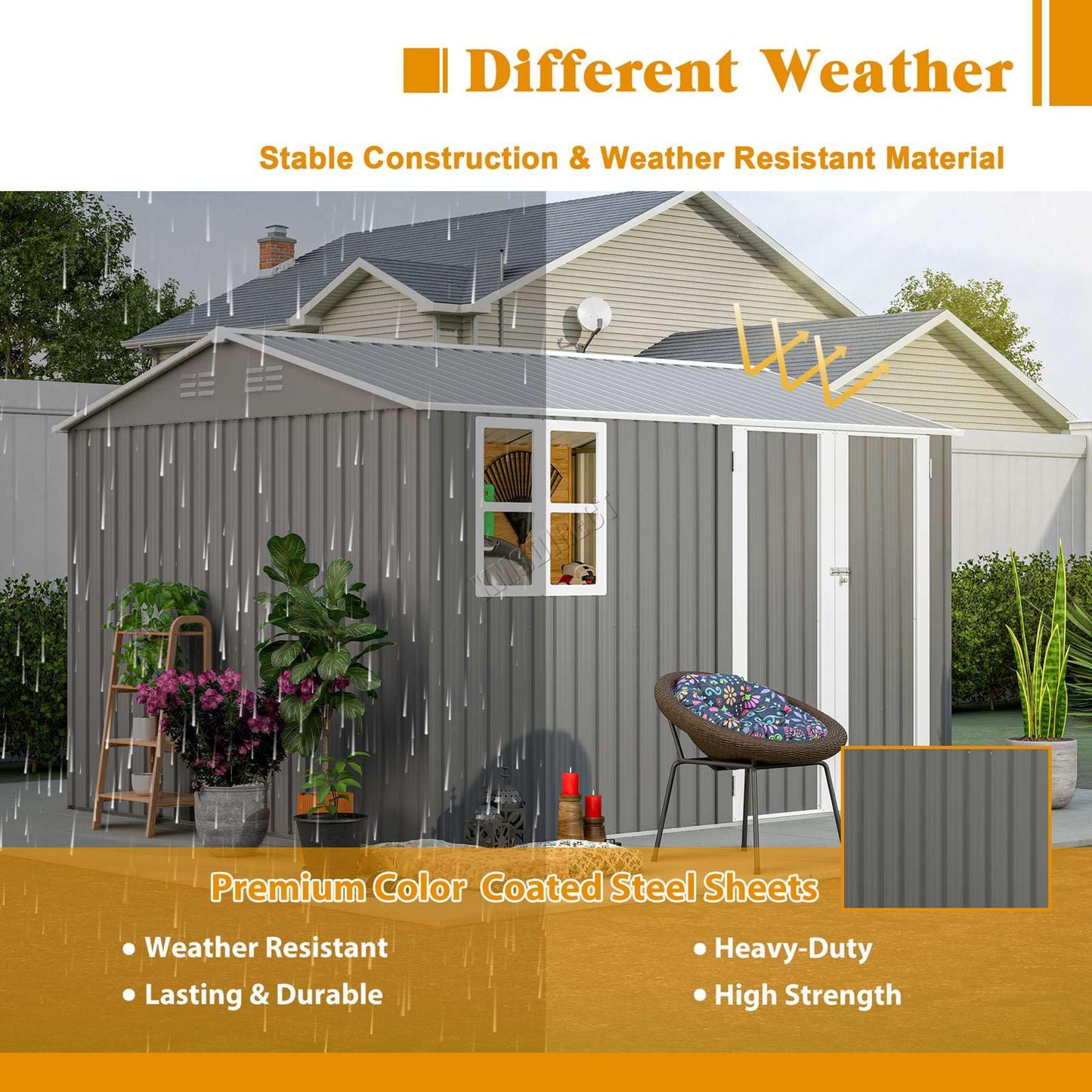BIRCHTREE Garden Shed Steel Apex Roof House Outdoor Backyard Storage With Lockable Double Doors Window Free Foundation Tool Equipment Organizer Air Vents 10x8FT Grey