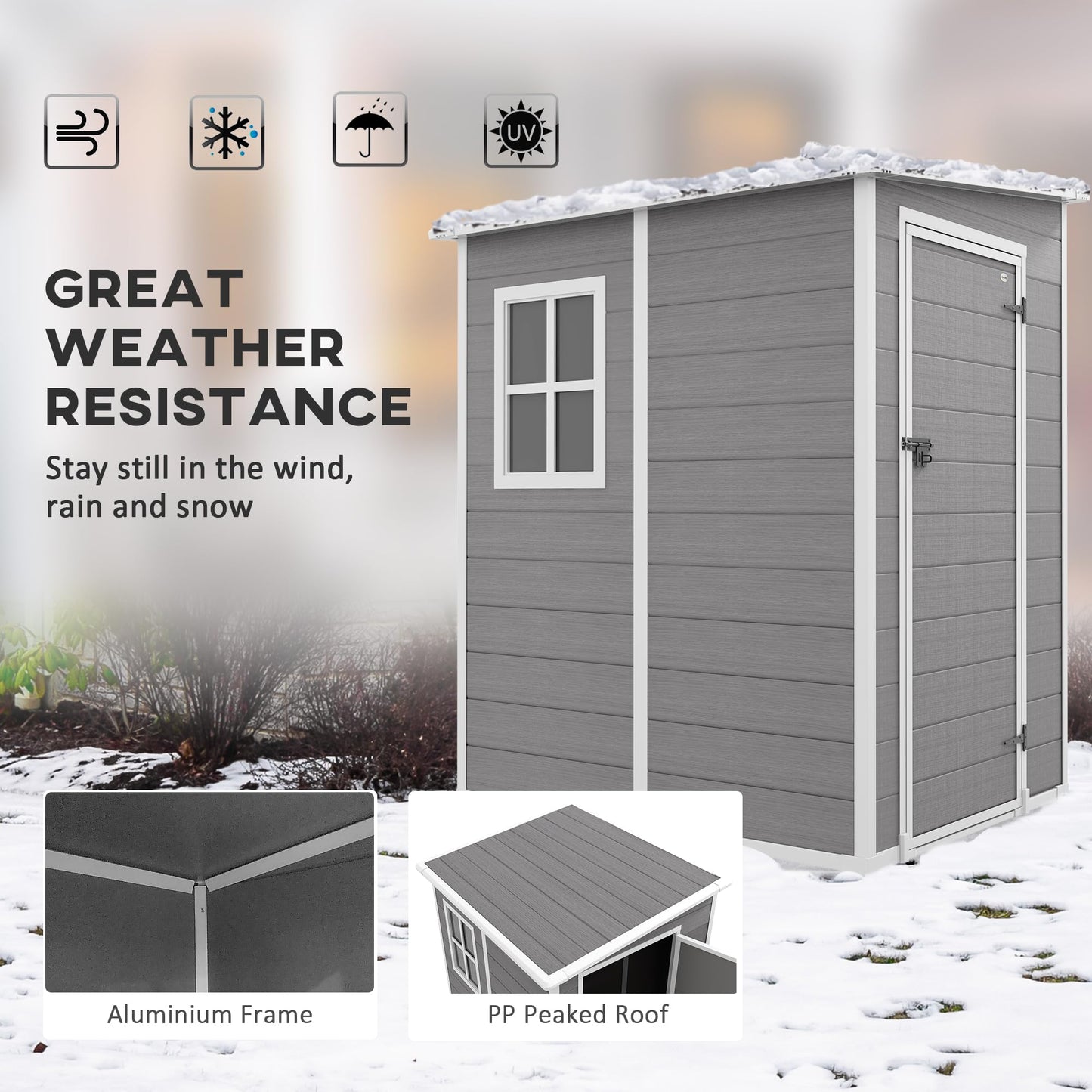 Outsunny 4 x 5FT Plastic Garden Shed, Lean to Shed, Lockable Tool Storage House with Window, Vent and Plastic Roof, Grey