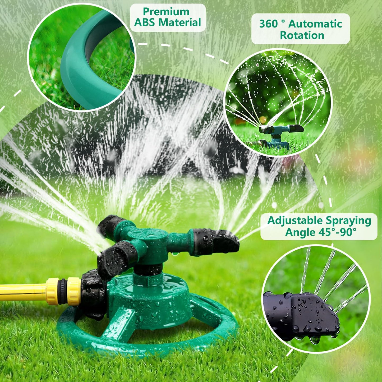 HTLY SPR Garden Sprinkler, Automatic Lawn Sprinkler 360 Degree Rotating 3 Arms Adjustable Water Sprinkler System Large Coverage for Garden Plants Lawn Watering Lawn Irrigation