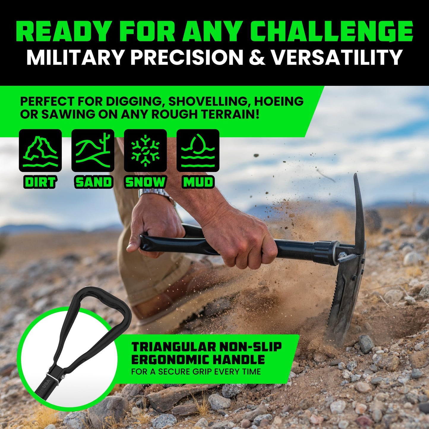 Rhino USA Folding Survival Shovel with Pick - Heavy Duty Carbon Steel Folding Shovel for Off Road, Camping, Gardening, Beach, Digging Dirt, Sand, Mud & Snow