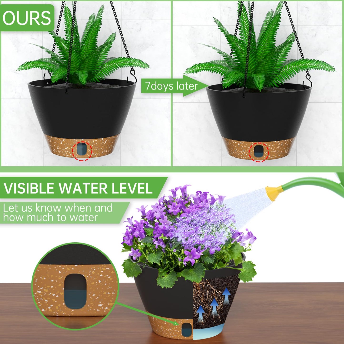 ZMTECH 25cm Hanging Plant Pots 10 Inches Hanging Planters with Saucer Drainage Holes Visible Water Level Hanging Pots for Indoor Outdoor Plants (Set of 2, Dark Grey)