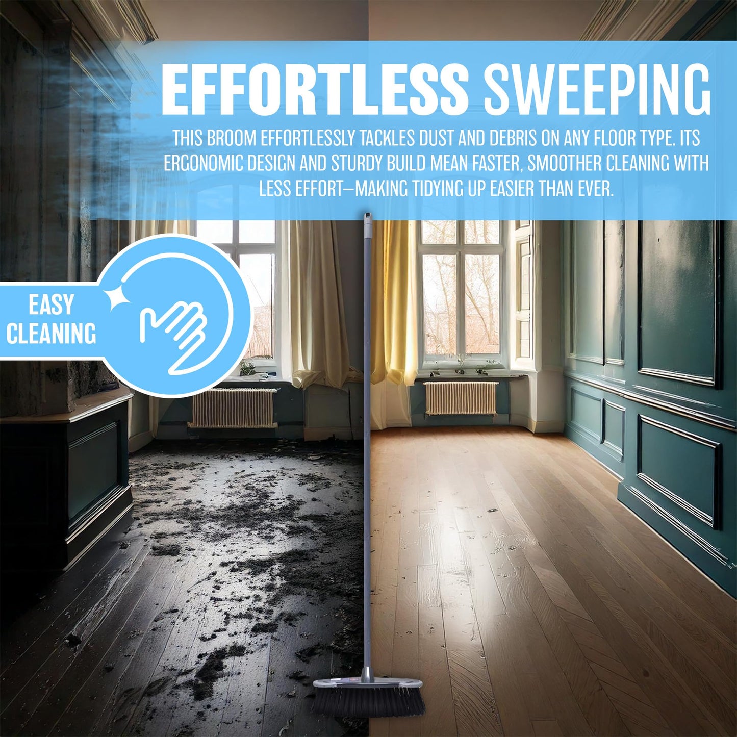 Soft Sweeping Brush Indoor Broom - Stylish Grey Kitchen Broom | Ideal for Household Cleaning | 28cm Soft Bristle Brush Head with 115cm Long Screw-Fit Metal Handle for Comfortable Use