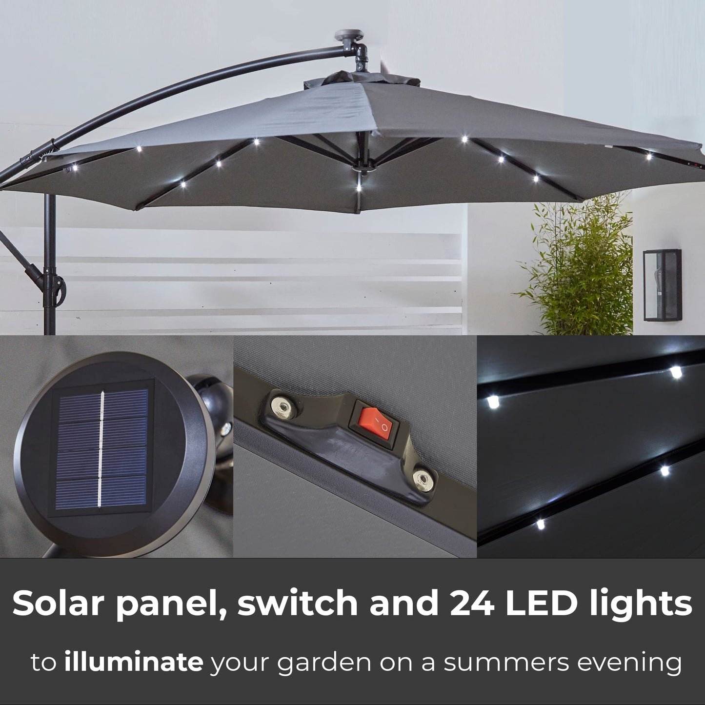 Neo 3M Garden Banana Outdoor Waterproof Freestanding Parasol LED Lights Hanging Cantilever Umbrella Sun Shade with Crank Handle Water Base (Grey)