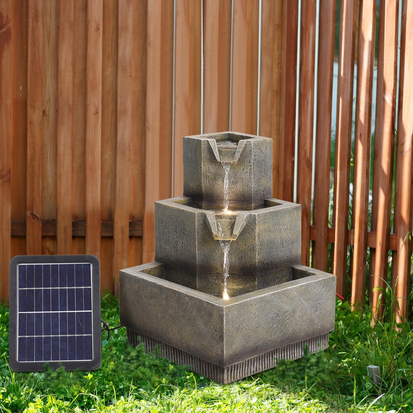 BTGGG Solar Powered Garden Water Feature Water Fountain Cascade Three Tier Water Feature Garden Yard Waterfall with LED Lights Water Feature Fountain