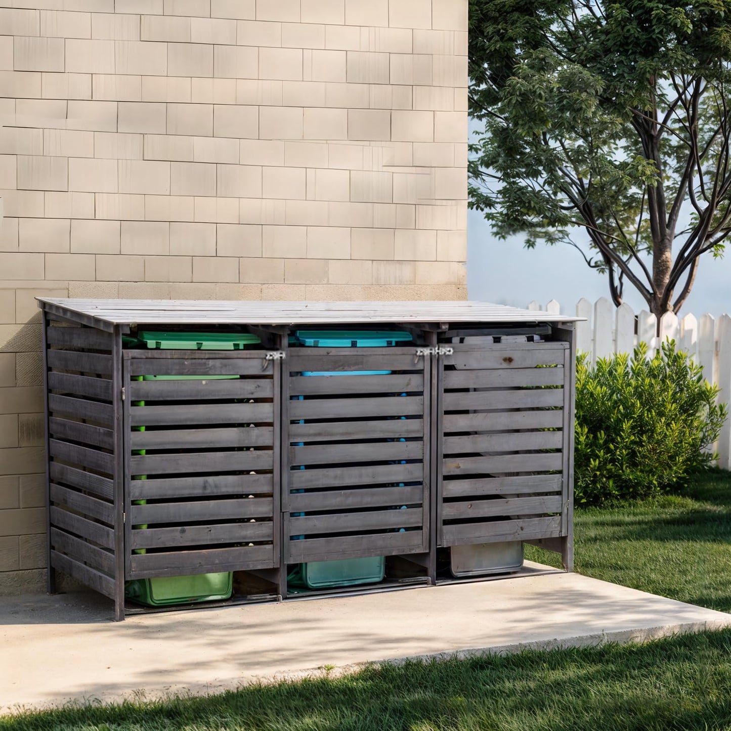 Warmiehomy Wheelie Bin Storage 3 Wheelie Bin Hideaways Outdoor Bin Shed 3 Bins Wooden Wheelie Bin Storage Garden Large Bin Store 191cm x 86cm x 122cm